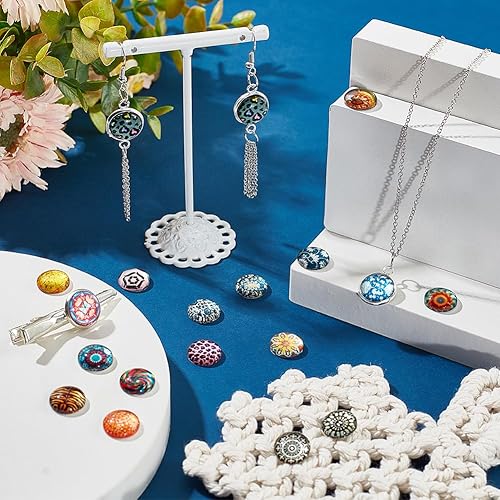 Miniatura 2 de PH PandaHall 200 piezas de mosaico impreso de cristal cabujones de cúpula de 0.472 in de color mixto, caleidoscopio medio redondo, patrón de flores,