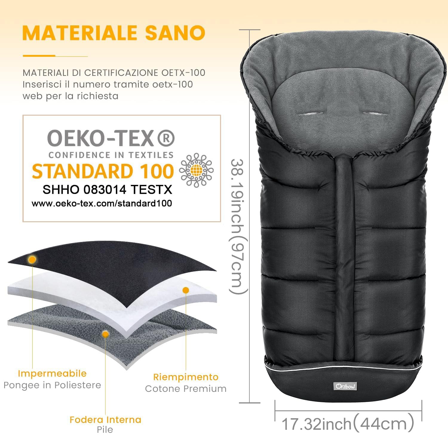 Orzbow Sacco Termico Passeggino Universale, Invernale Coprigambe Passeggino Universale con Coulisse, Fodera in Caldo Pile, Bande Riflettenti, Cerniera, Impermeabile e Lavabile in Lavatrice, Nero