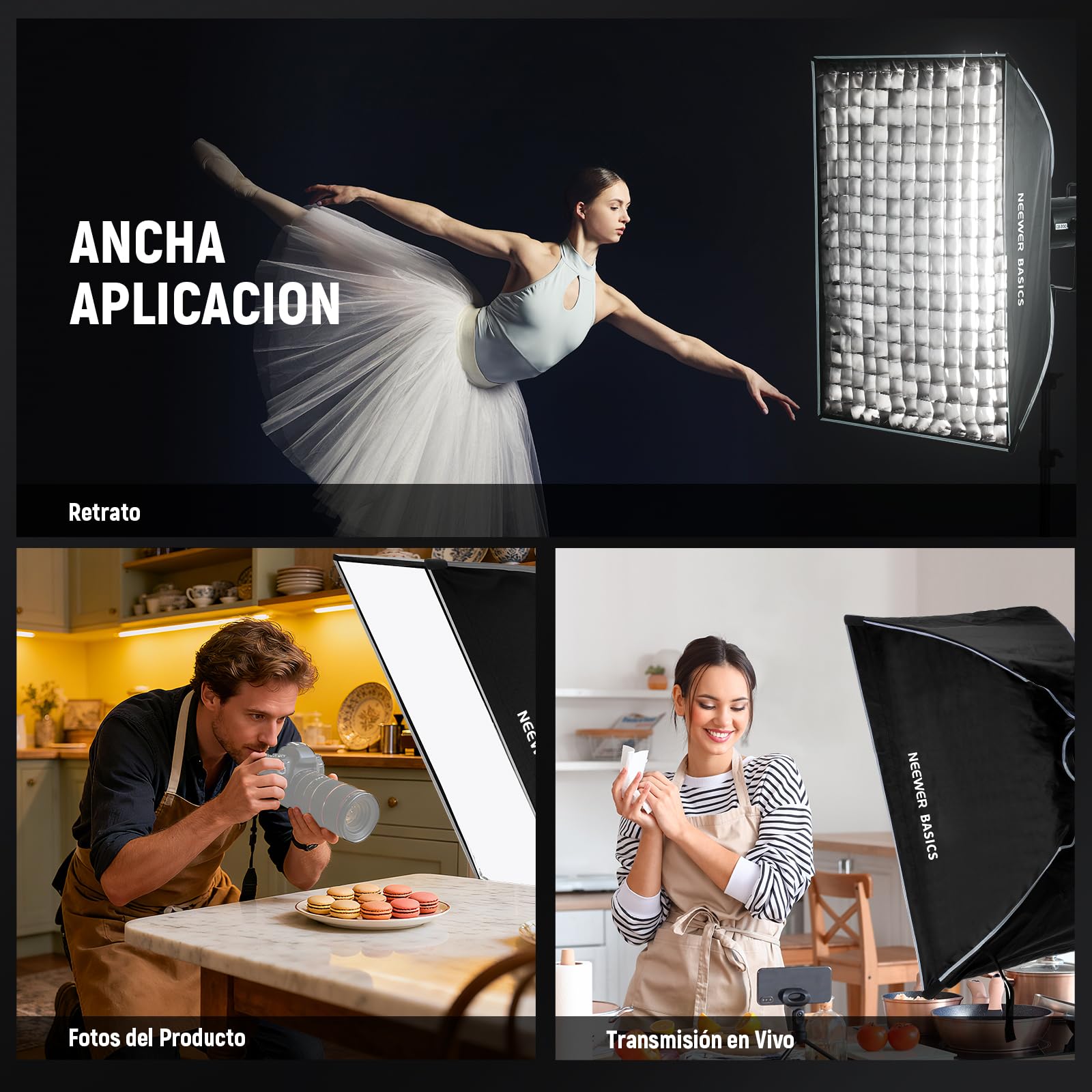 NEEWER Basics Strip Softbox Bowens Mount, 24"x35" Soft Box Difusor Luz/Rejilla/Bolsa Liberación Rápida Compatible con Aputure 150c Compatible con Godox SL60w,para FS300C FS150B HB80C CB200C Q6, NS60P