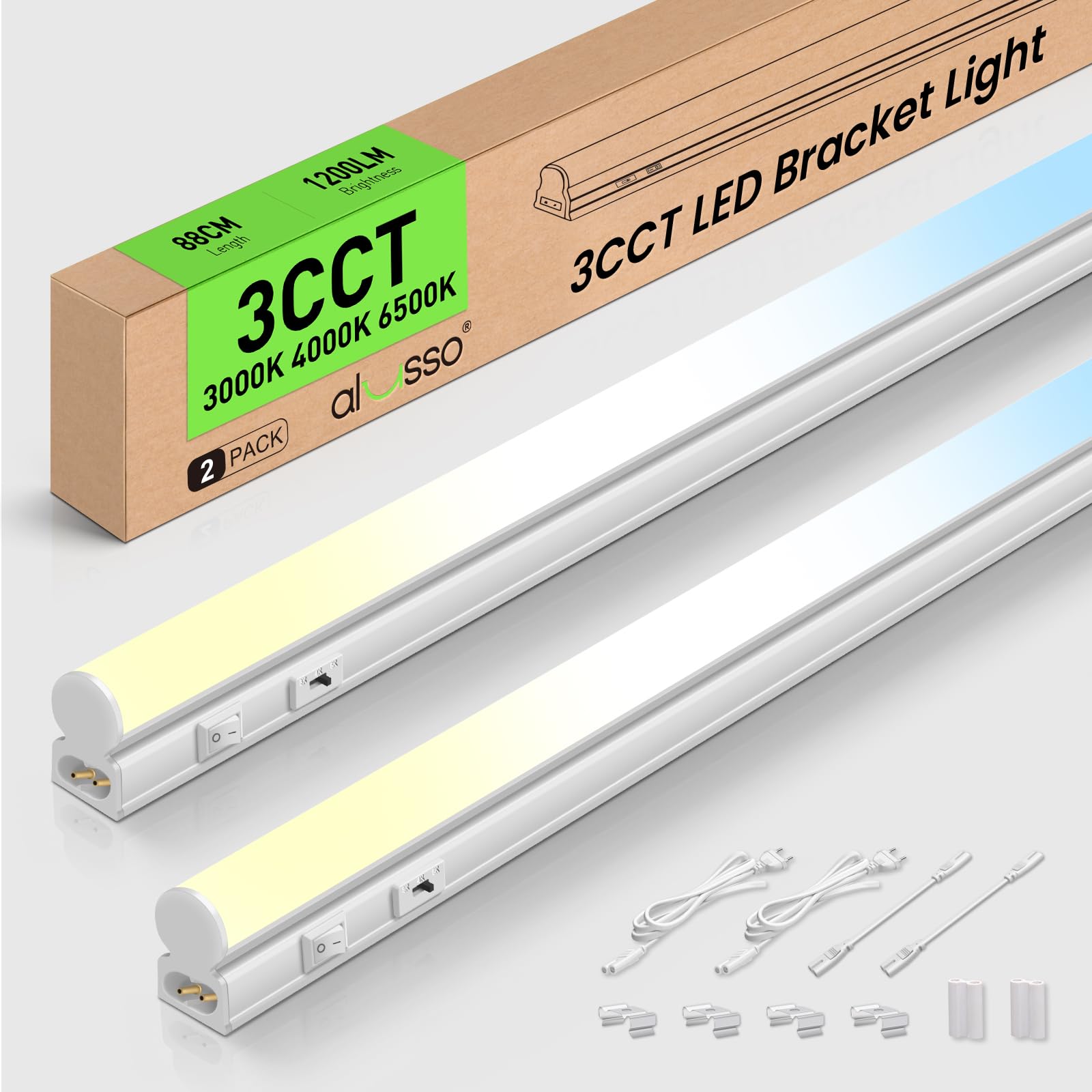 ALUSSO Luci LED per Cucina 12W 1200lm, 3CCT 3000K 4000K 6500K, Illuminazione Sotto Mobile con Interruttore e Cavo, Lightbar LED 88cm 230V, Barra Luce Bianca per Pensili Set di 2
