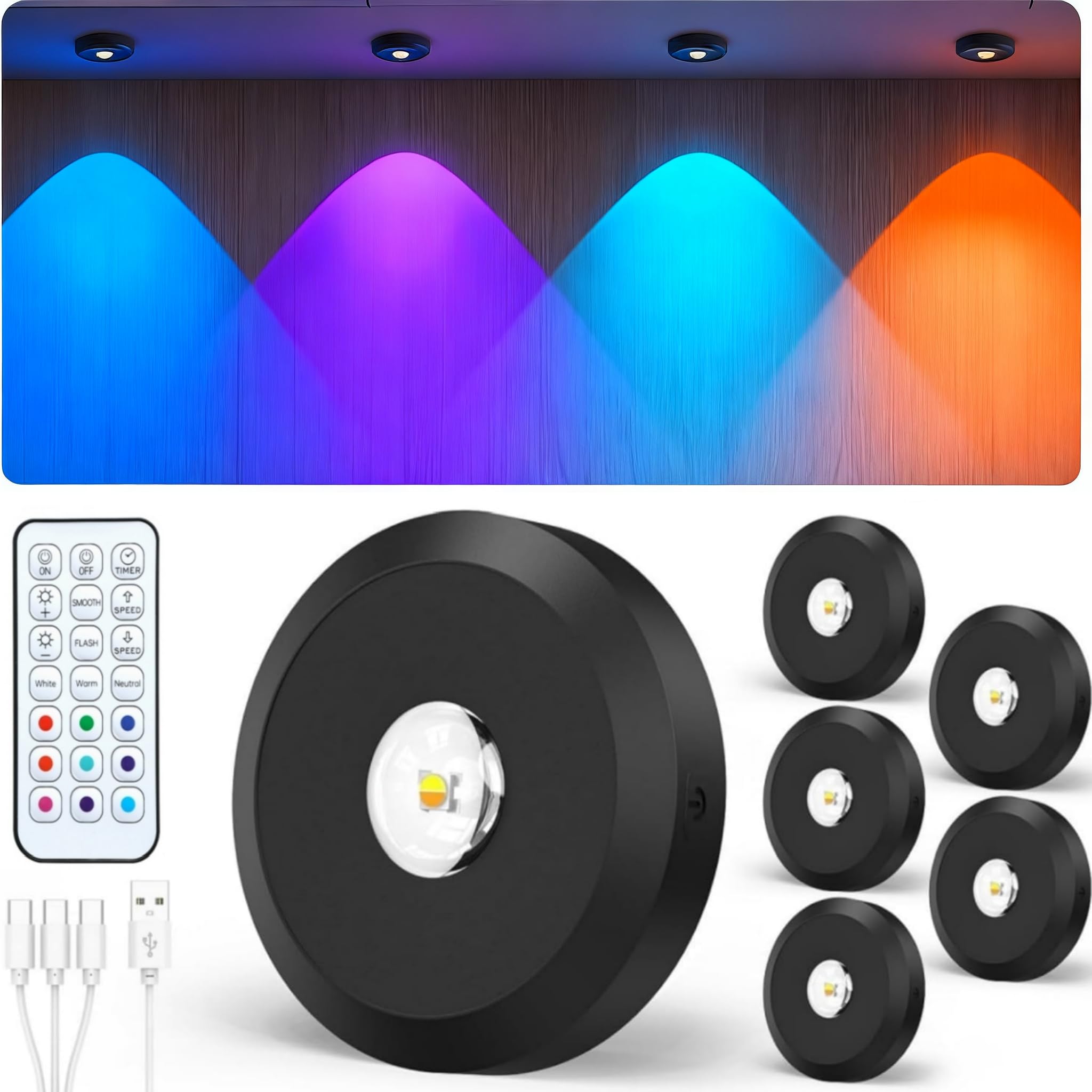 JVURICE Vitrinenbeleuchtung Led,Schrankbeleuchtung RGB Led Spot Akku USB Aufladbar Mini 180H Energiesparend Magnet Dimmbar Unterbauleuchte Kabellos Küche Schrankbeleuchtung Mit Timer Fernbedienung