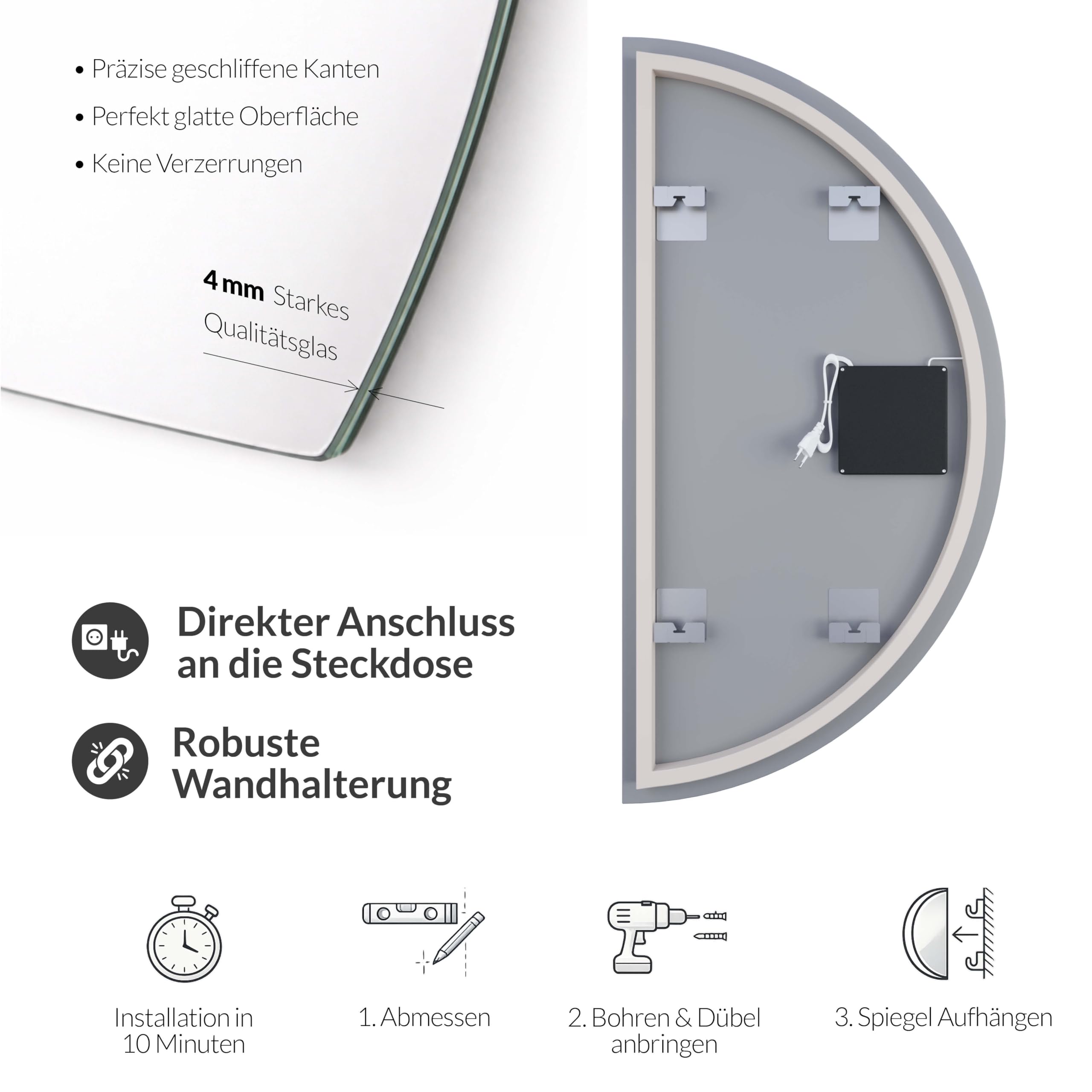 Planetmöbel NIVORA Spiegel mit Beleuchtung halbrund Spiegel mit LED-Licht, Dekorativer Wandspiegel mit Dimm-Funktion, 4200k neutralweißes Licht, 50 x 100 cm
