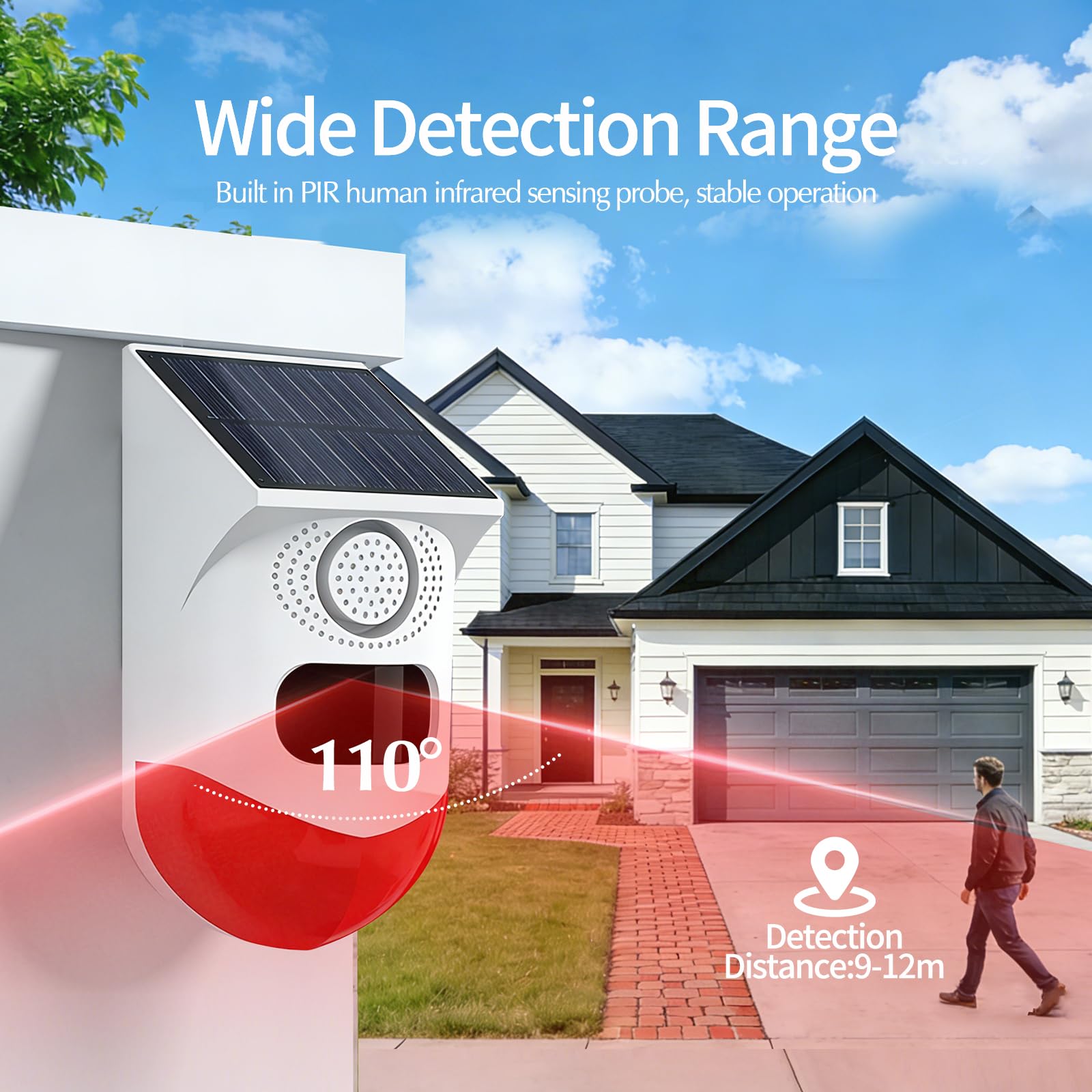 WiFi Sensor de Movimiento, Sensor Solar Adecuado para Interiores y Exteriores, Volumen de 0~120dB, Control Remoto, Programación Temporal, con Mando a Distancia, 3 Modos Ángulo Detección 110º