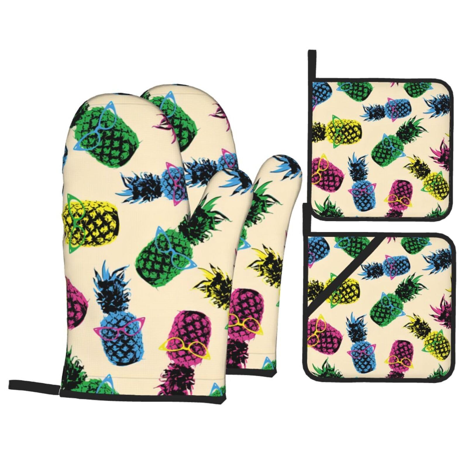 YYHHAOFA Retro Pineapple Prints Kitchen Baking Set with Heat Resistant Pot Holders & Oven Mitts - Waterproof Layer for Hot Dishes, Grill & Microwave