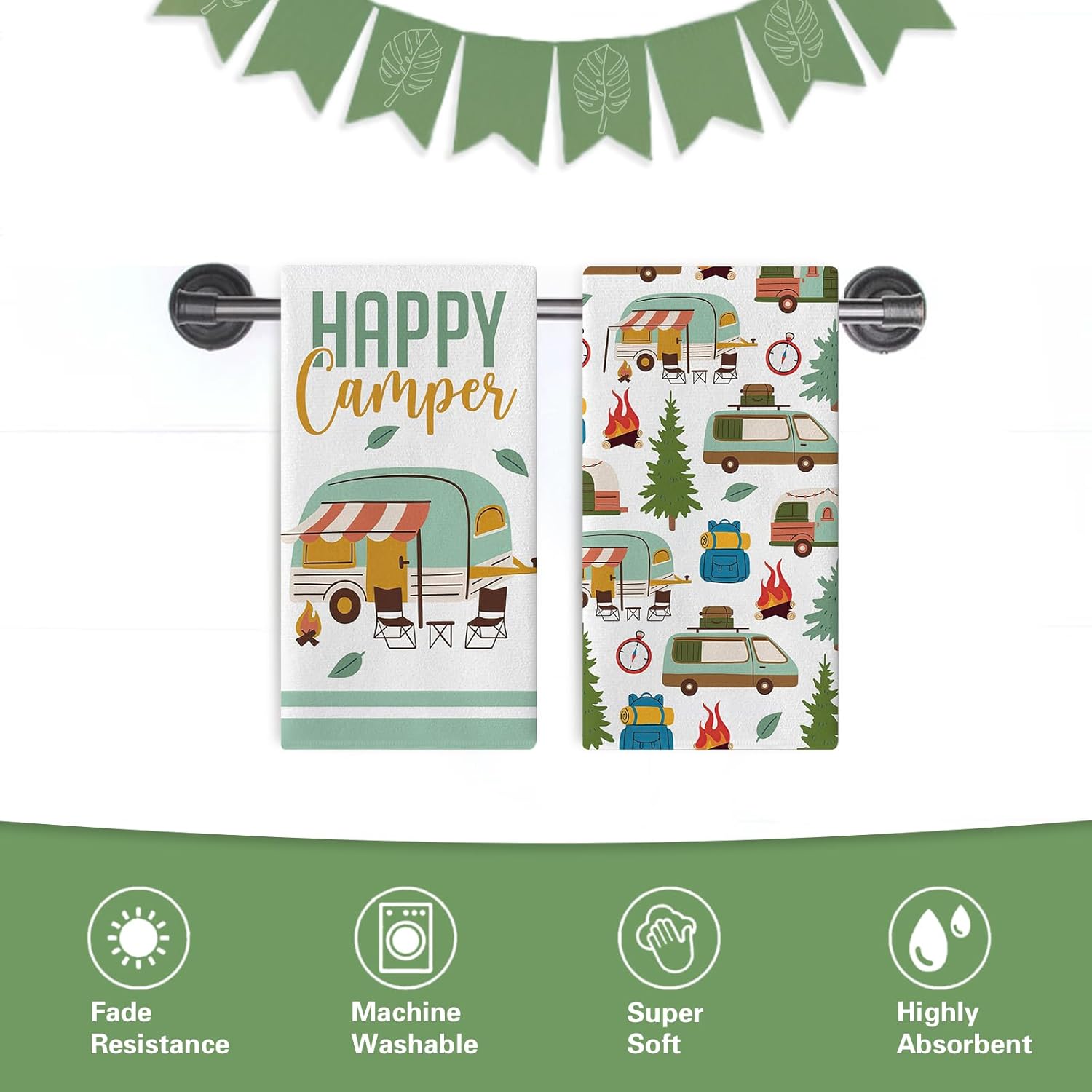 Happy Camper Kitchen Dish Towels Set of 2, Camping RV Adventure Travel Drying Hand Towel Baking Cooking Cloth, Campsite Campfire Tree Bathroom Home Decoration 18'' x 26'' - Image 6
