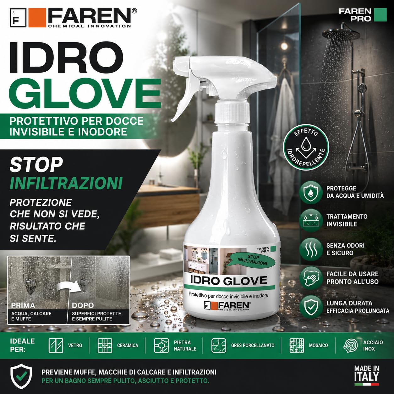 Faren IDRO GLOVE, Protettivo per Docce Invisibile e Inodore, 500ml | Impermeabilizza le Superfici ed Elimina le Infiltrazioni d'acqua nelle fughe