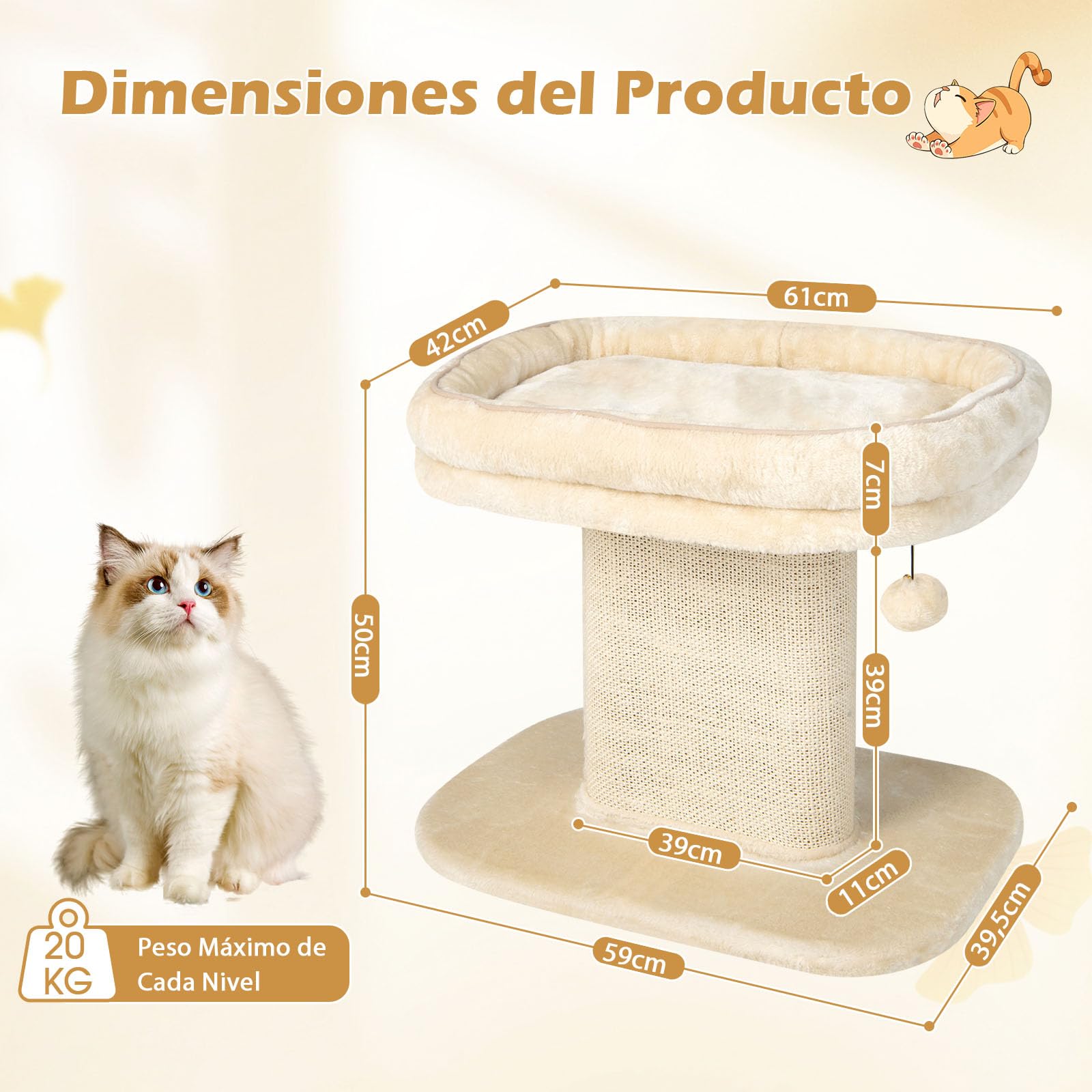 GYMAX Árbol Rascador de 50 cm de Alto para Gatos, Árbol de Escalada con Asiento de Felpa Suave, con Columna de Sisal y Pelota, Árbol de Actividad y Árbol de Juegos, para Pequeño Gato, Beige