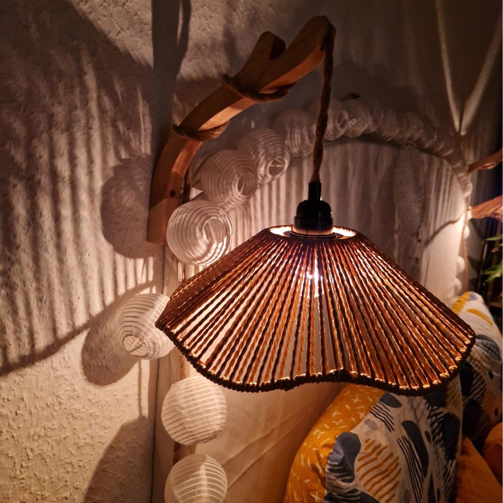 2er Set Wandleuchte Rattan Boho mit Stecker und Schalter, Dimmbar Wandlampe Innen Holz Rustikal Retro mit 3m Hanfseil Kabel E27 Vintage Wandlicht für Schlafzimmer Wohnzimmer Flur Wandbeleuchtung