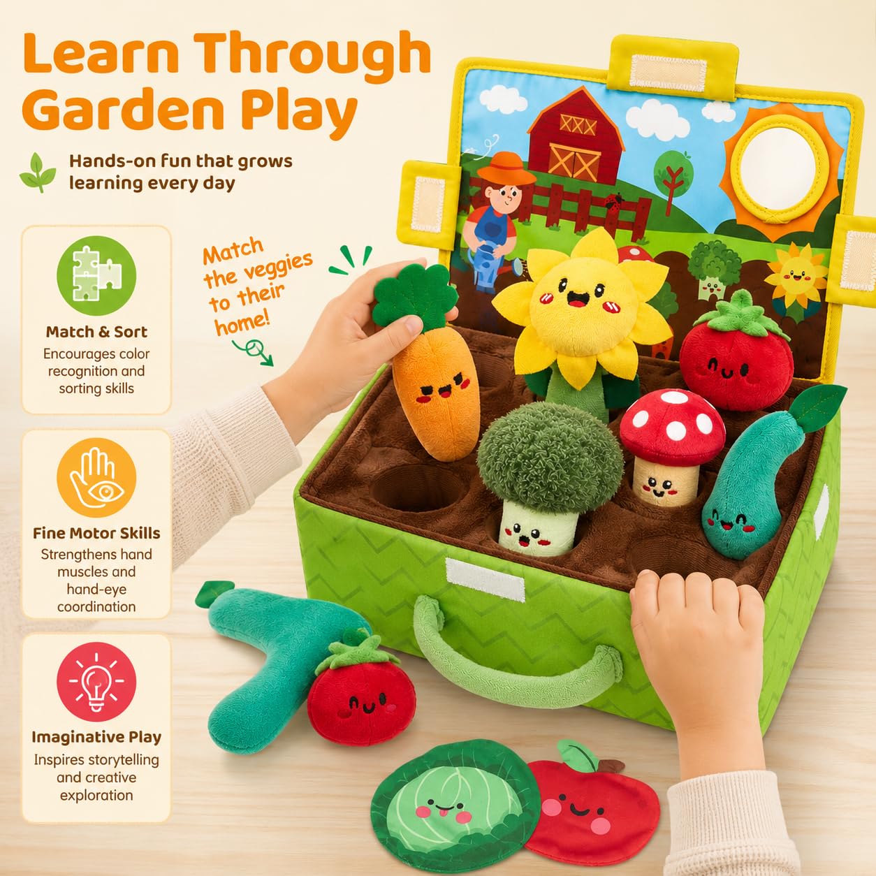 Fattoria Verdura Bambini, Giochi Montessori 1 Anno, Verdura Fattoria per Bambini con Peluche, Libro Sensoriale Neonati, Set Educativo Sensoriale con Sonagli, per La Prima Scoperta del Bebè