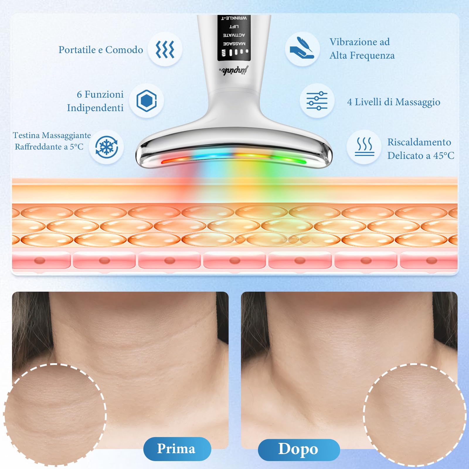 Massaggiatore Viso Elettrico Antirughe Lifting: Trattamento Caldo 45℃ e Freddo 5℃, 6 Modi 7 Colori LED EMS Gua Sha