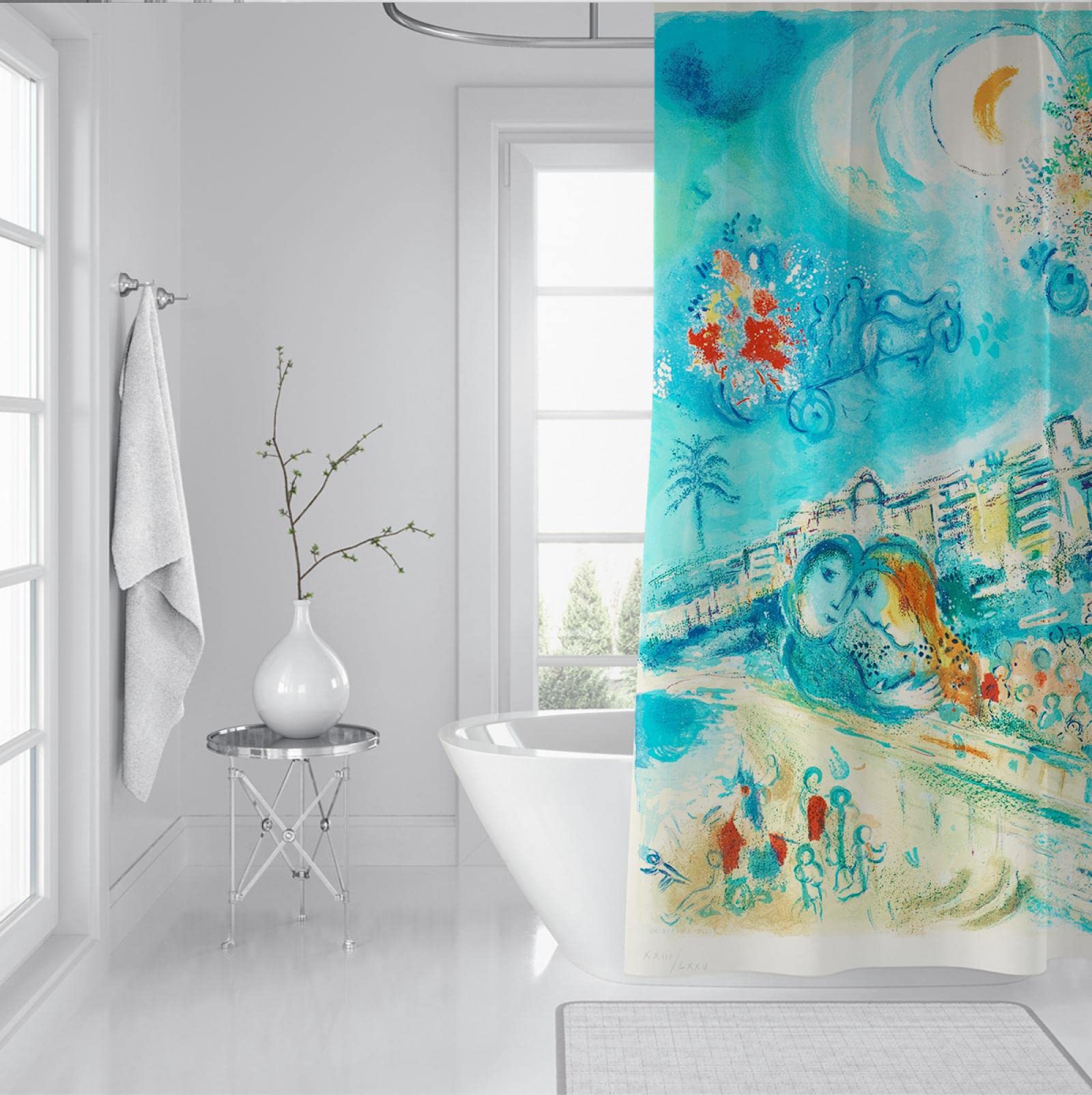 Marc Chagall Malowanie Zasłony prysznicowe Wystrój łazienki z Happy Fantasy Pattern Kwiatowa zasłona prysznicowa Soft Hotel Quality Design Blue 180x220cm