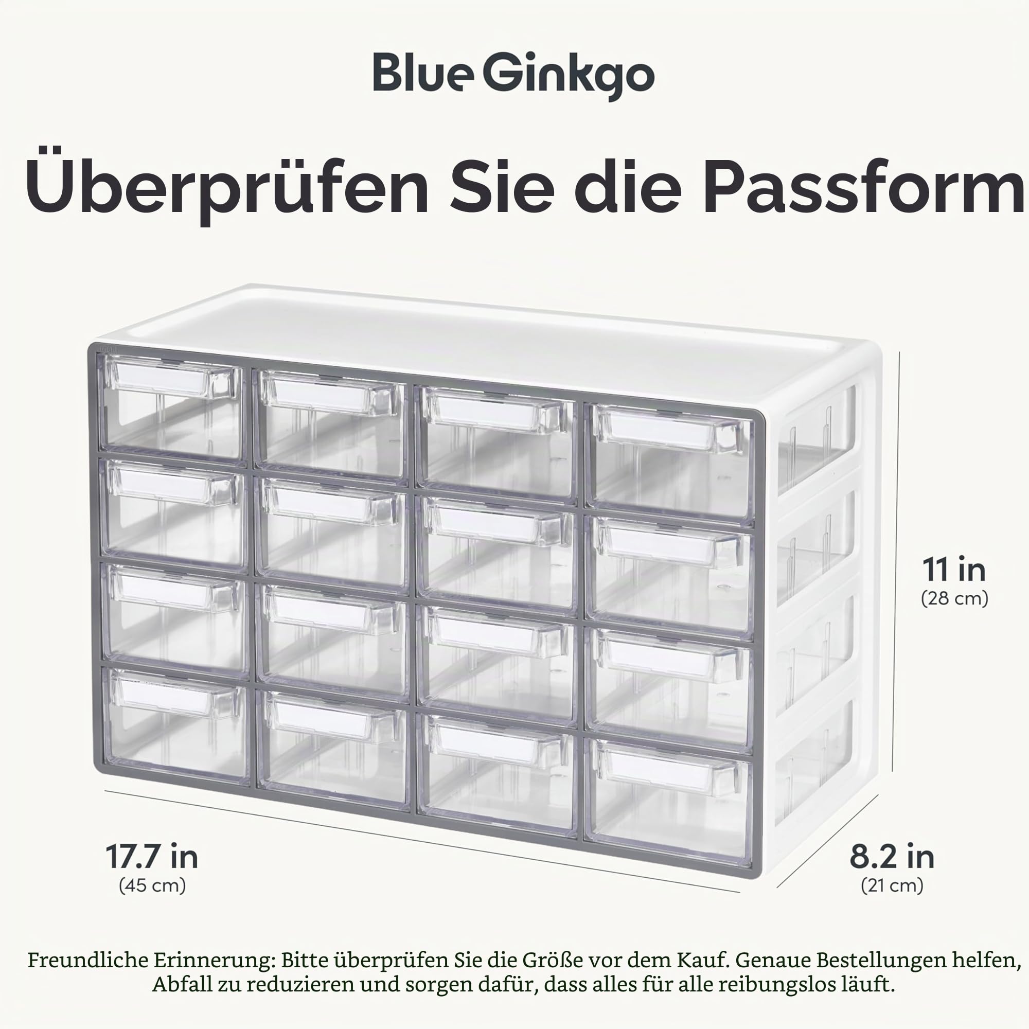 BLUE GINKGO Mittelgroßer Aufbewahrungsschrank mit 16 Schubladen – stapelbare Perlen- und Bastelaufbewahrung, Hardware-Kleinteile-Organizer, Lehrer-Werkzeugkasten (hergestellt in Korea) – Grau