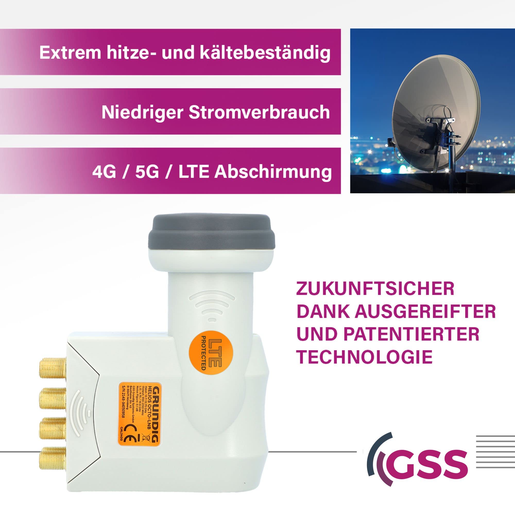 [ Test bardzo dobry, ocena 1.2 *] GSS Helios Octo LNB z ekranowaniem LTE i Sun Protect ochrona UV, cyfrowy 8-krotny 4K LMB dla 8 uczestników, do telewizorów odbiorników satelitarnych, HD 8-krotny LNC