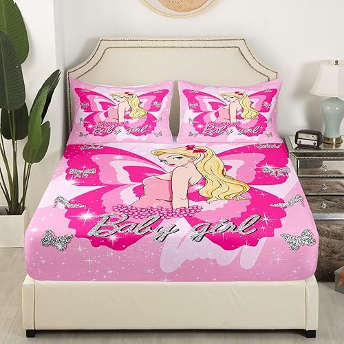 Miniatura 3 de Manfei Juego de sábanas ajustables de mariposa tamaño Queen, juego de ropa de cama de dibujos animados rosa femenino de 3 piezas para niños, niñas y