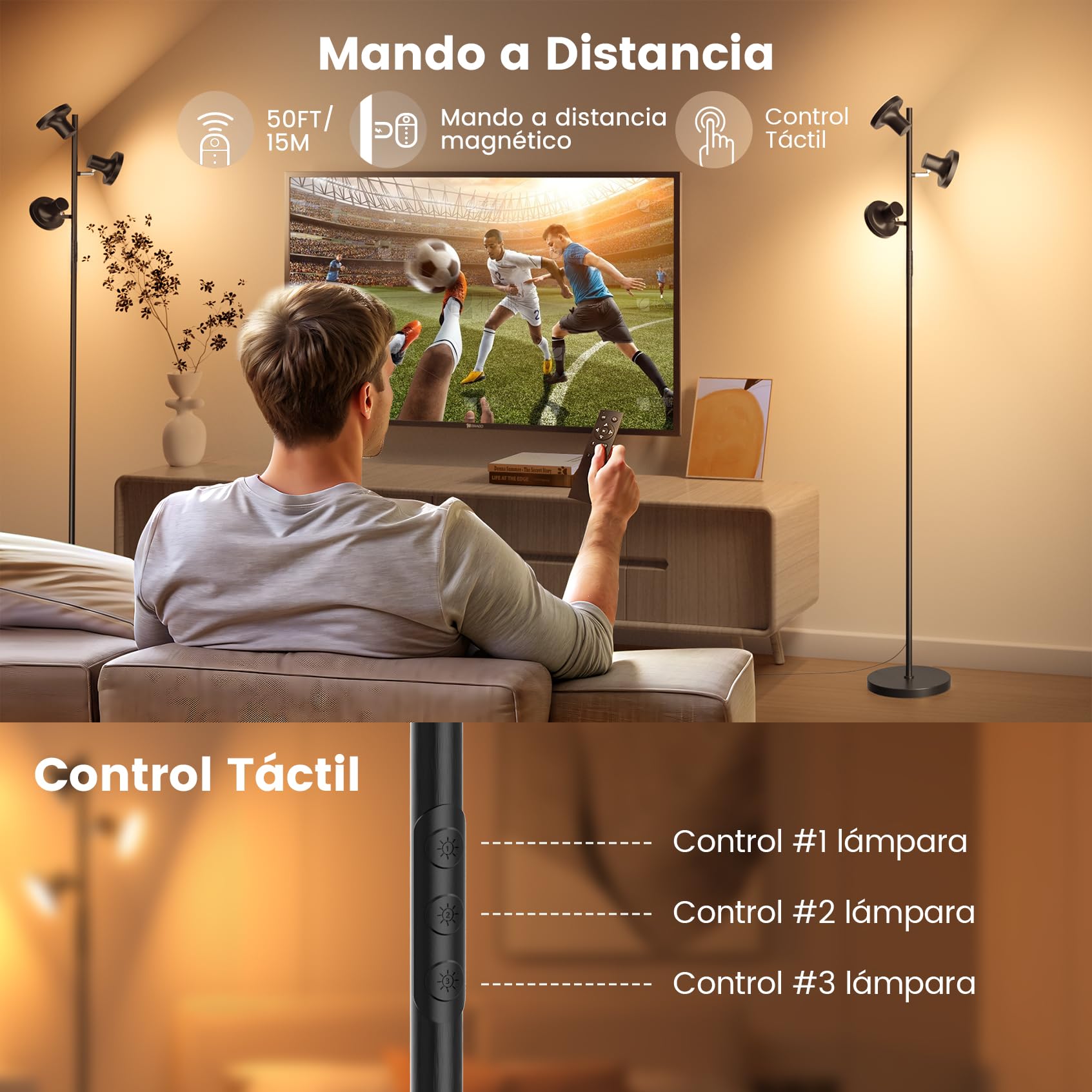SIBRILLE Lampara de Pie Salon 36W/2500LM, Lámpara de Pie LED Regulable con Mando a Distancia & Control Táctil, 4 Temperaturas de Color, 3 Luces Giratorias Luz de Pie para Salón, Habitación y Oficina