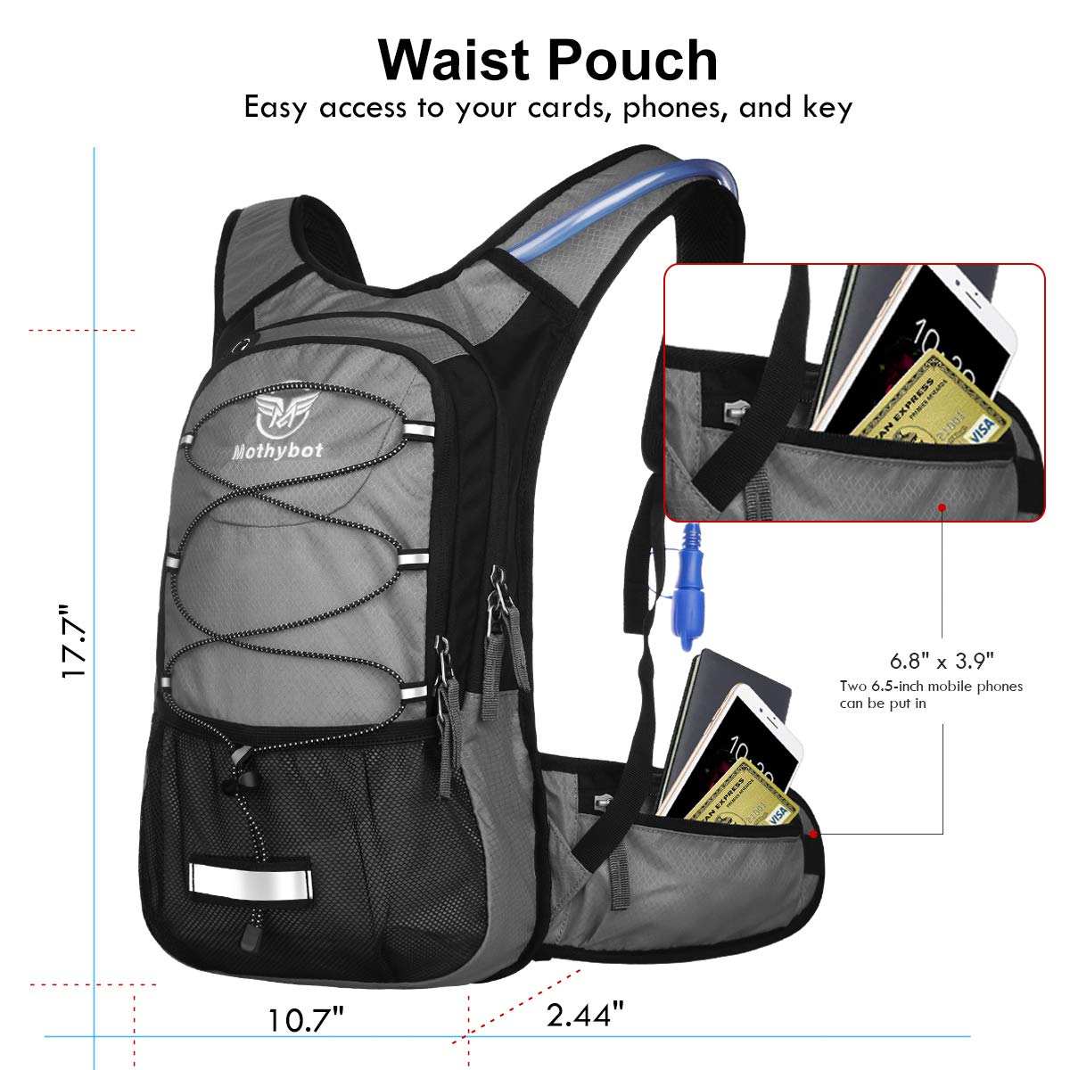 Mothybot Insulated Hydration Backpack Pack with 3L BPA Free Leak Proof Water Bladder, Large Storage Lightweight Hiking Daypack with Waist Pouches & Cooler Layer, for Running, Biking, Camping, Festival