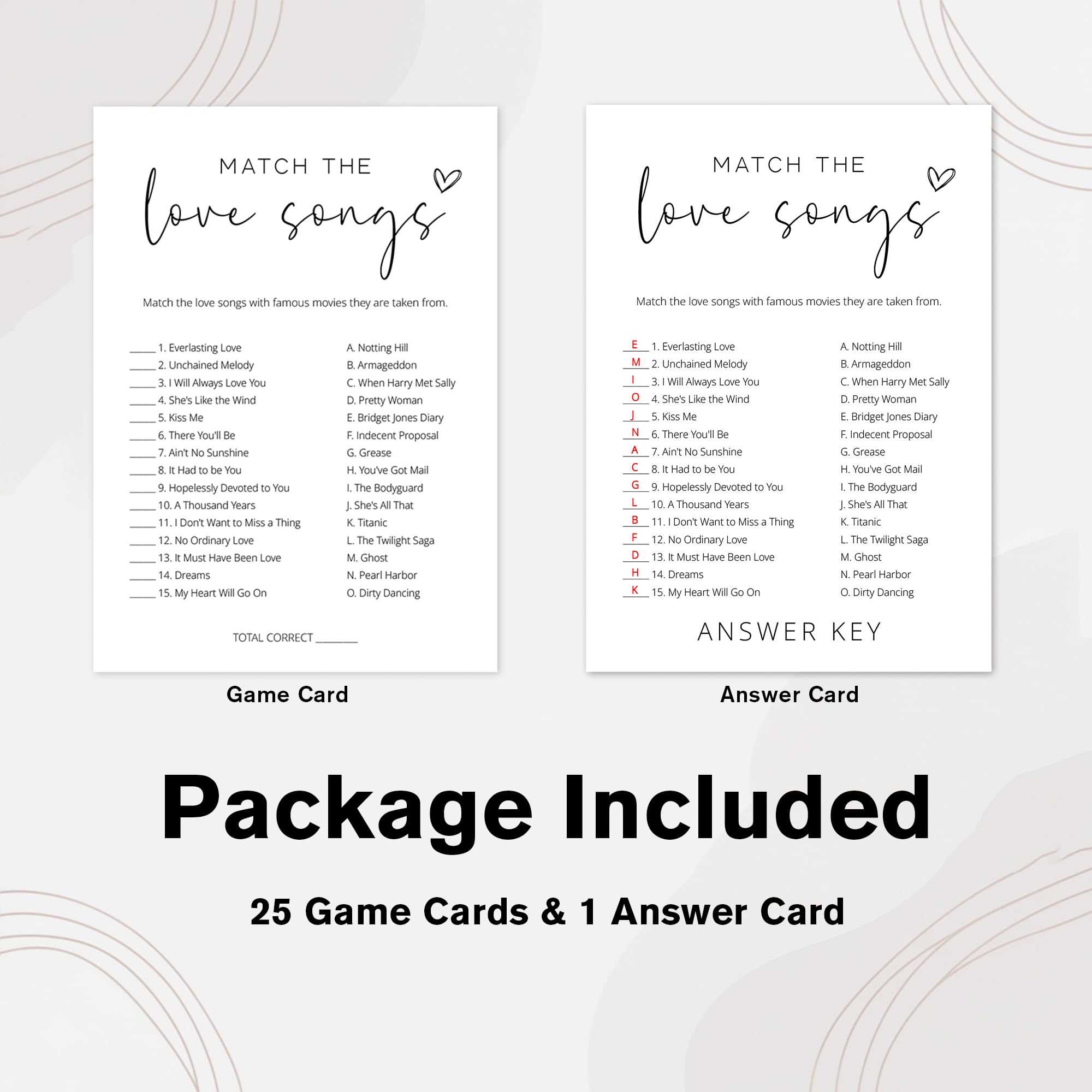 Gry na wieczór panieński, Match the Love Songs, minimalistyczne białe dwustronne karty do gry dla nowożeńców z 1 kluczem odpowiedzi, gry na wieczór panieński dla gości, zaręczynowe materiały na