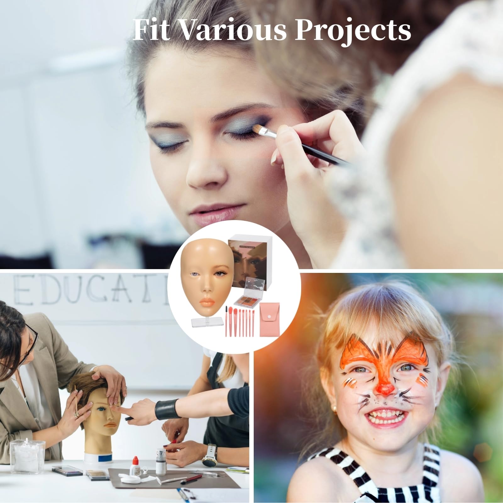 Kit visage de pratique maquillage, visage mannequin en silicone avec support, palette fards à paupières 7 couleurs, 8 pinceaux de maquillage, kit complet pour débutants, pour progresser