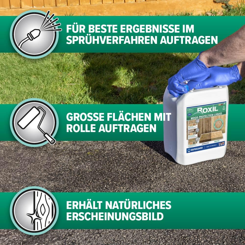 Roxil Holzlasur (5 L, Transparent) - Bis zu 10 Jahre Witterungsschutz und Hydrophobierung für Weichholz und gealtetes Hartholz - Geeignet für Holzmöbel, Gartenmöbel