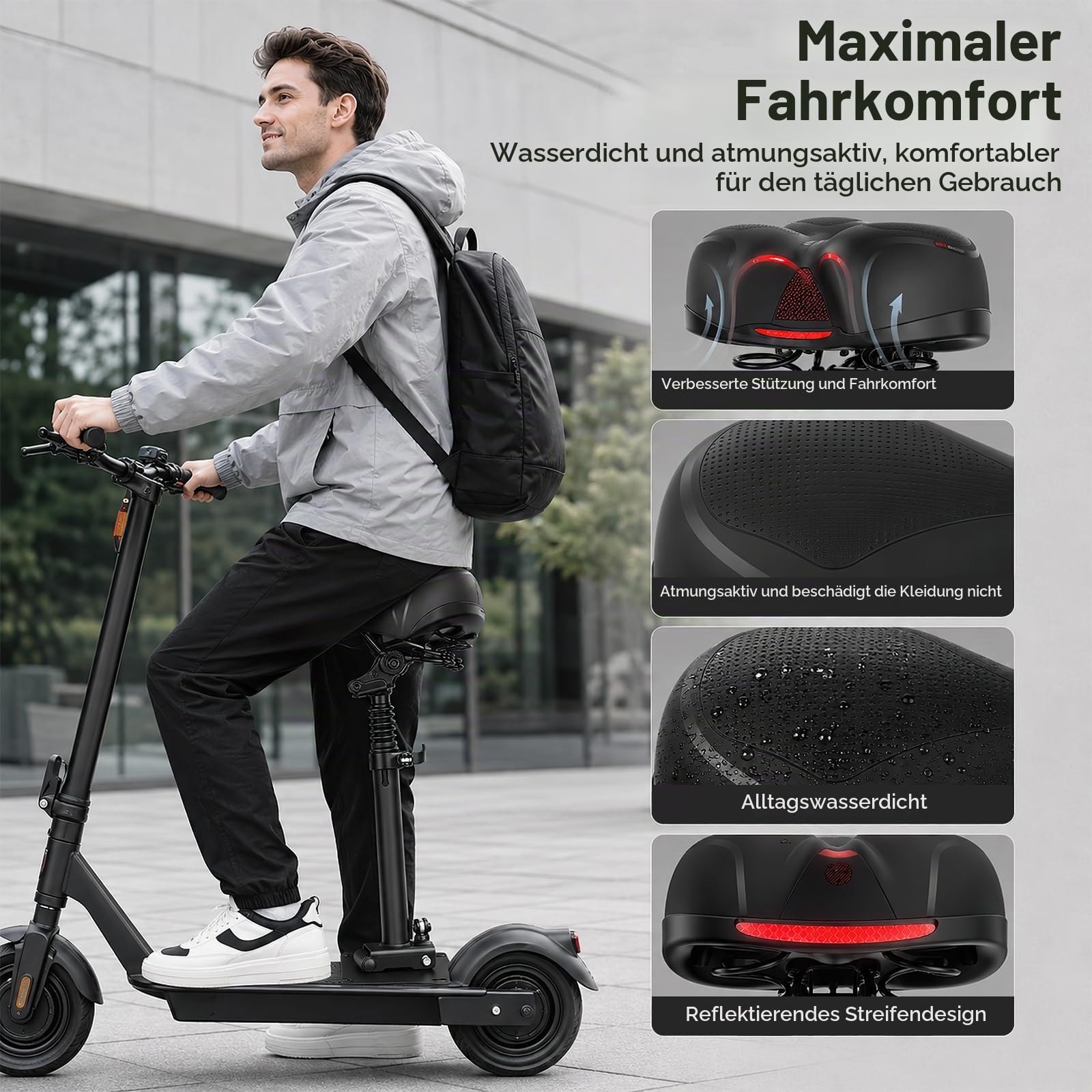 Elektro Scooter Sitz, Höhenverstellbarer Klappsitz für Elektroroller Erwachsene Kompatibel mit Segway Ninebot F3/E3/E3Pro Roller 45-65CM Sitzhöhe mit Stoßdämpfender Sitz Tragbarer Schultergurt