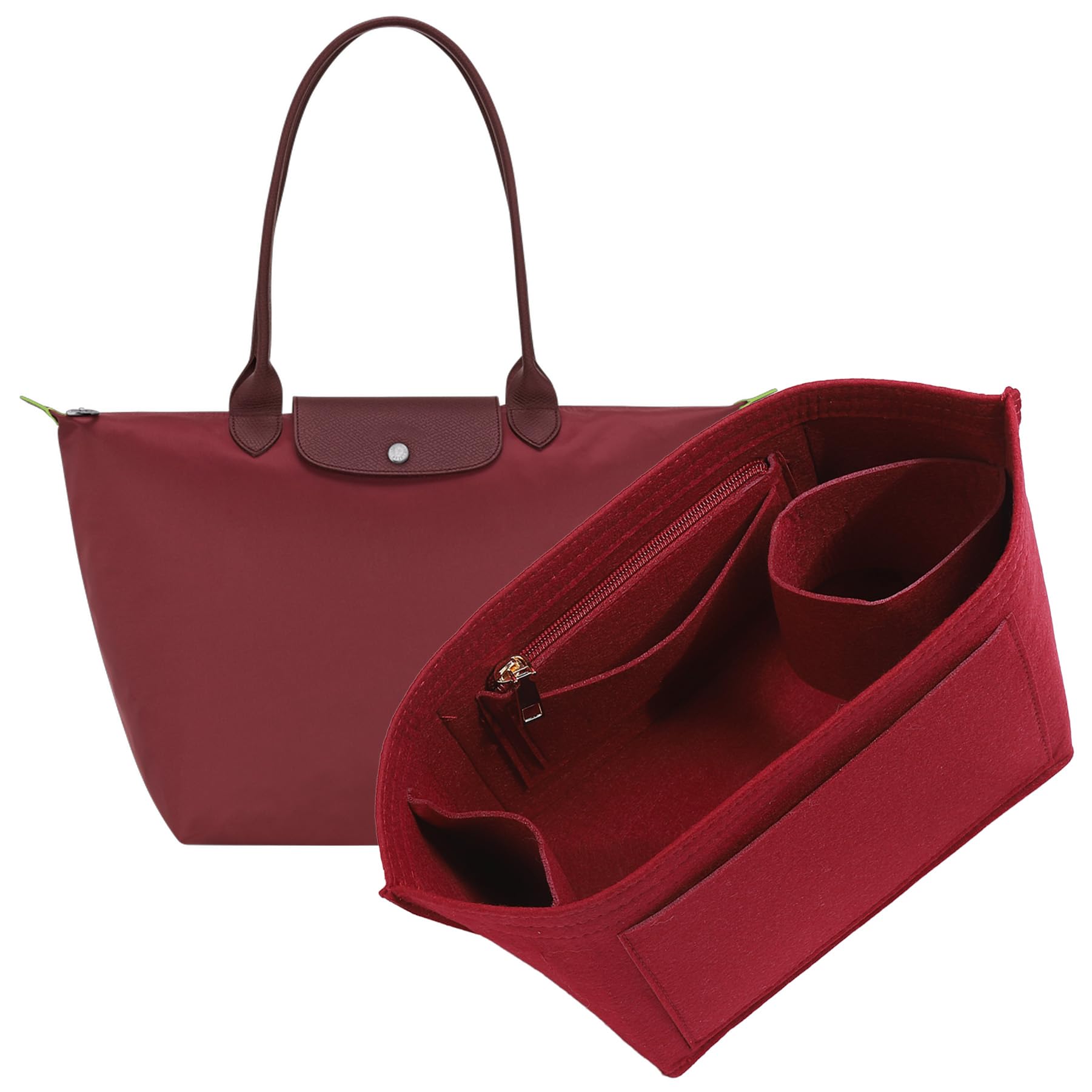 OAikor Purse Organizer Insert for Longchamp Le Pliage L Tote Bag, Felt Lightweight Long Champ Large Tote Divider Shaper with Cup Holder,Zipper Bags Inner Linner with 8 Deepened Pockets,L/Wine-red