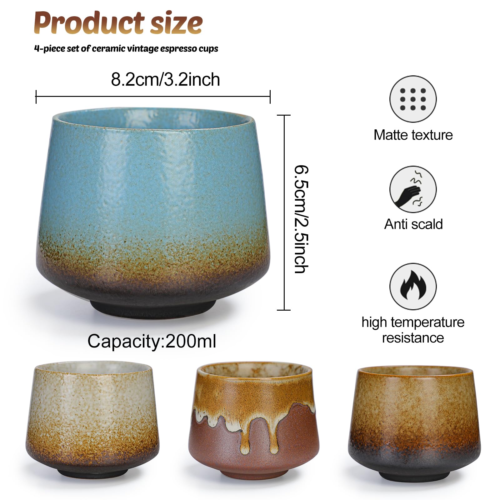 Set di 4 tazze da caffè da espresso, 200 ml, in porcellana, realizzate a mano, piccole tazzine da caffè, tazze da espresso, a parete spessa, per espresso, moka, macchiato, tè