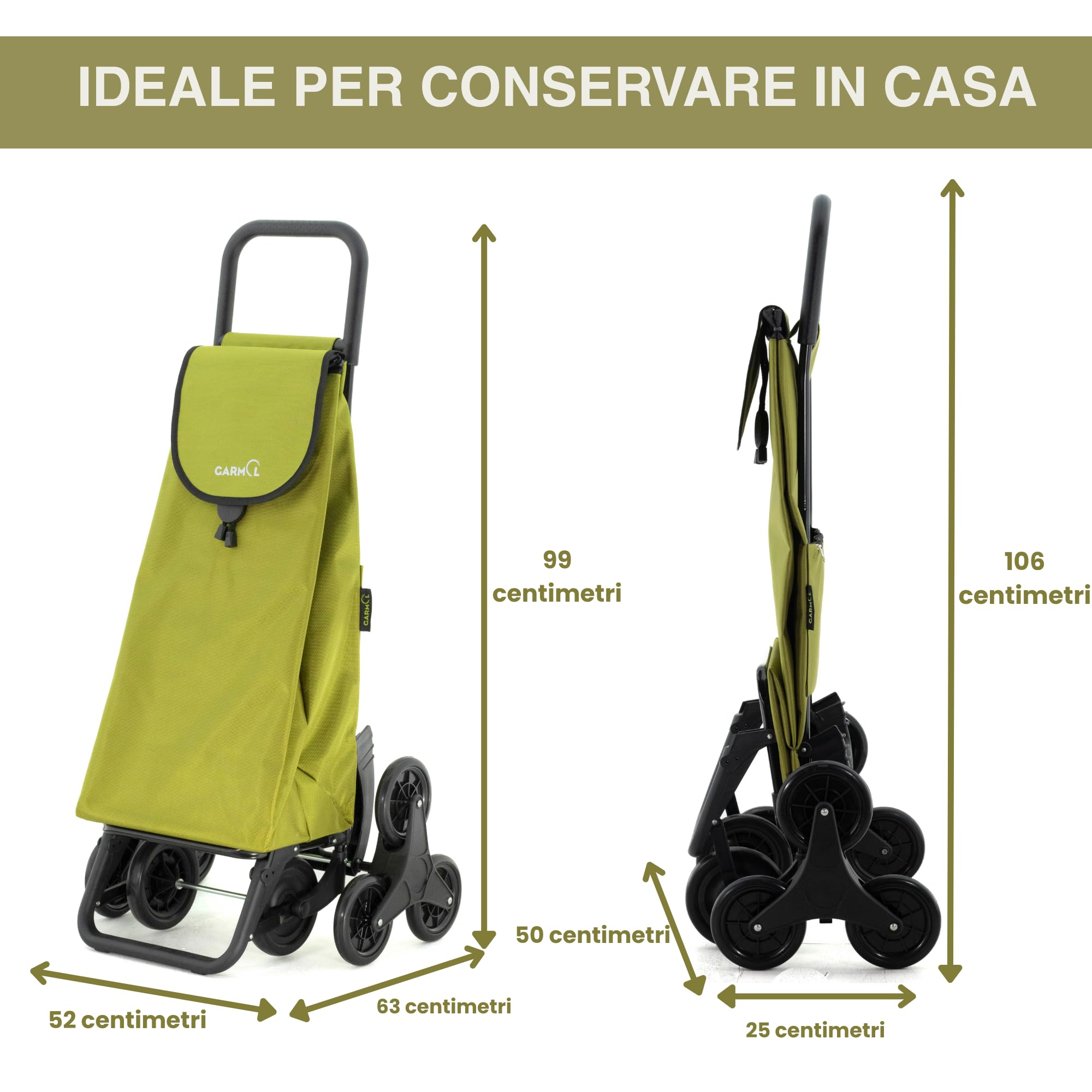 GARMOL Carrello della spesa pieghevole da 55 litri | Carrello della spesa 8 Ruote Salite Scale di Grande Capacità | Carrello della spesa Pieghevole Colore Verde Avocado