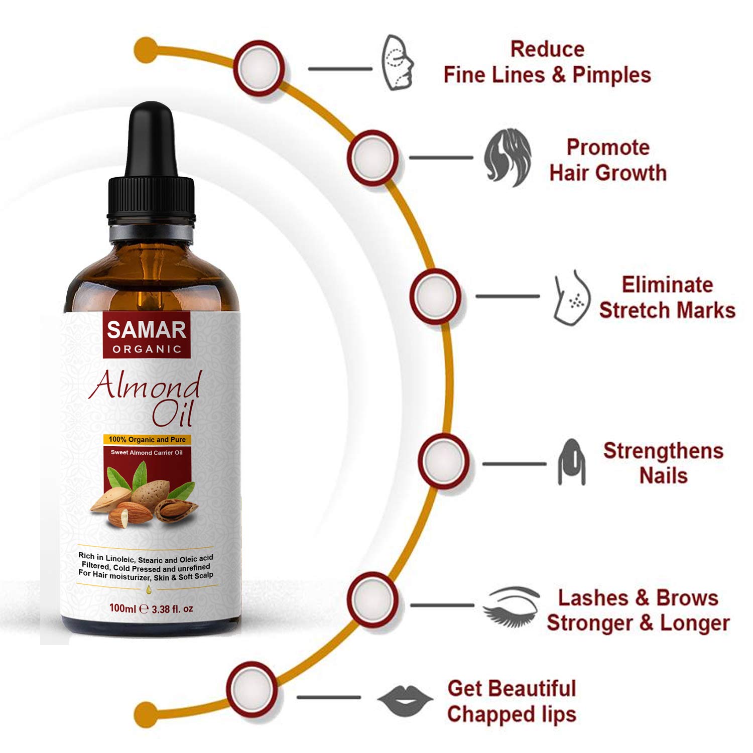 Almond Oil - Premium Quality 100% Pure and Certified Organic Sweet Almond Oil, Cold Pressed, Unrefined, Non-GMO. Ideal for Natural Hair Growth, Face Moisturizer, Makeup Remover and Body Massage 100ml