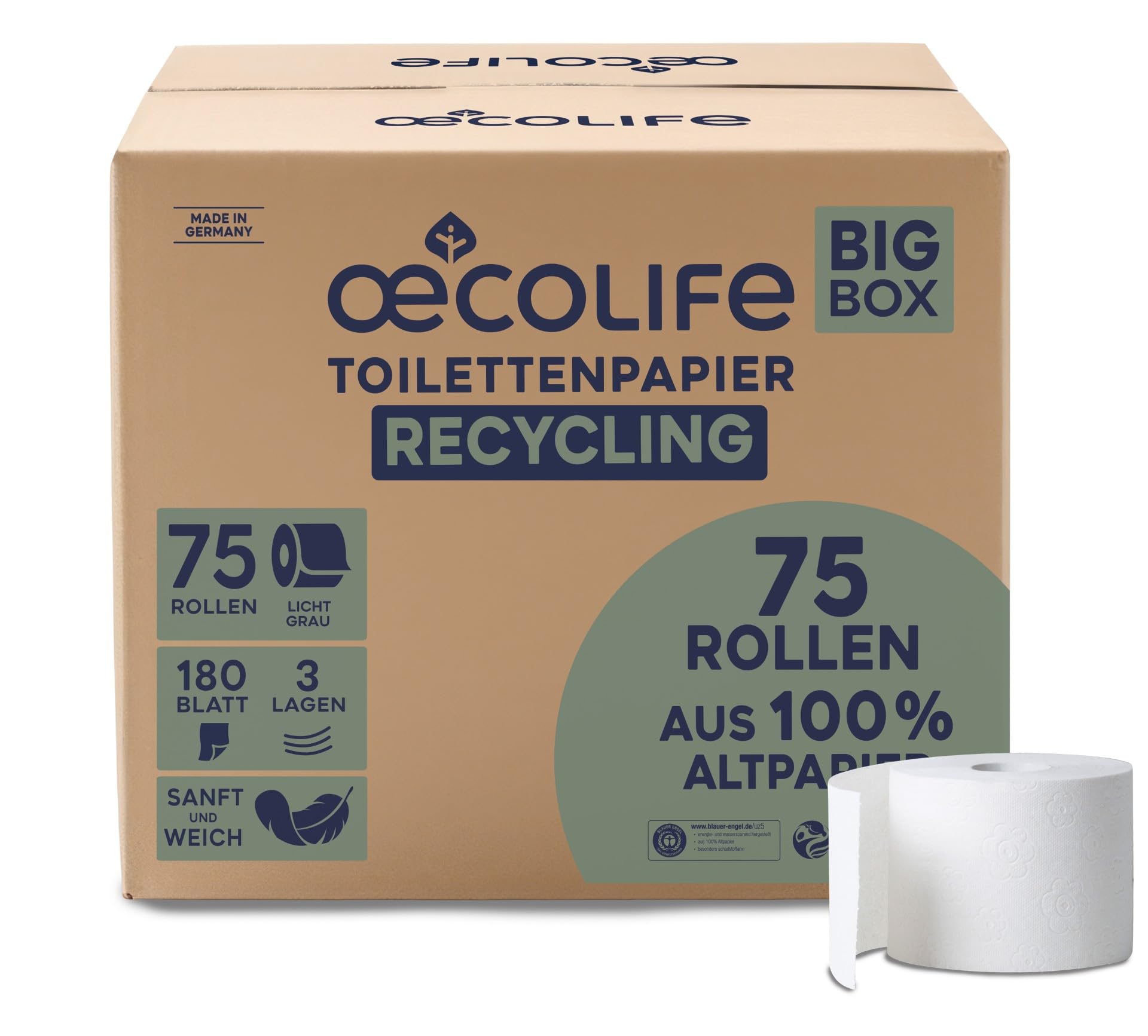 œcolife Toilettenpapier Box Recycling, 3-lagig, 75 Rollen x 180 Blätter, Großpackung für Gewerbe und Haushalt, Recyclingpapier