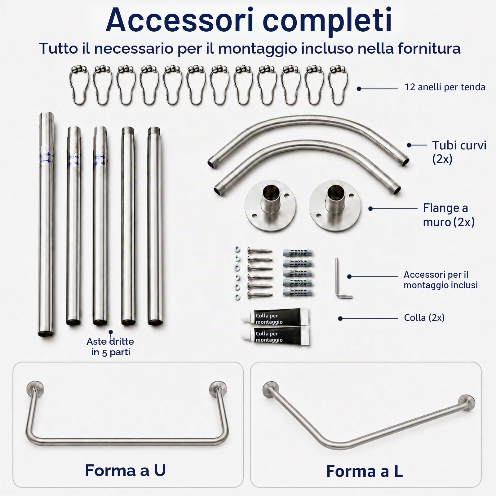 Palo per tende da doccia telescopico a forma di U/L, palo per tende da doccia ad angolo in acciaio inossidabile 304, anti-rugghia e durevole, con 12 anelli per tende da doccia 75X(150-190) X75cm