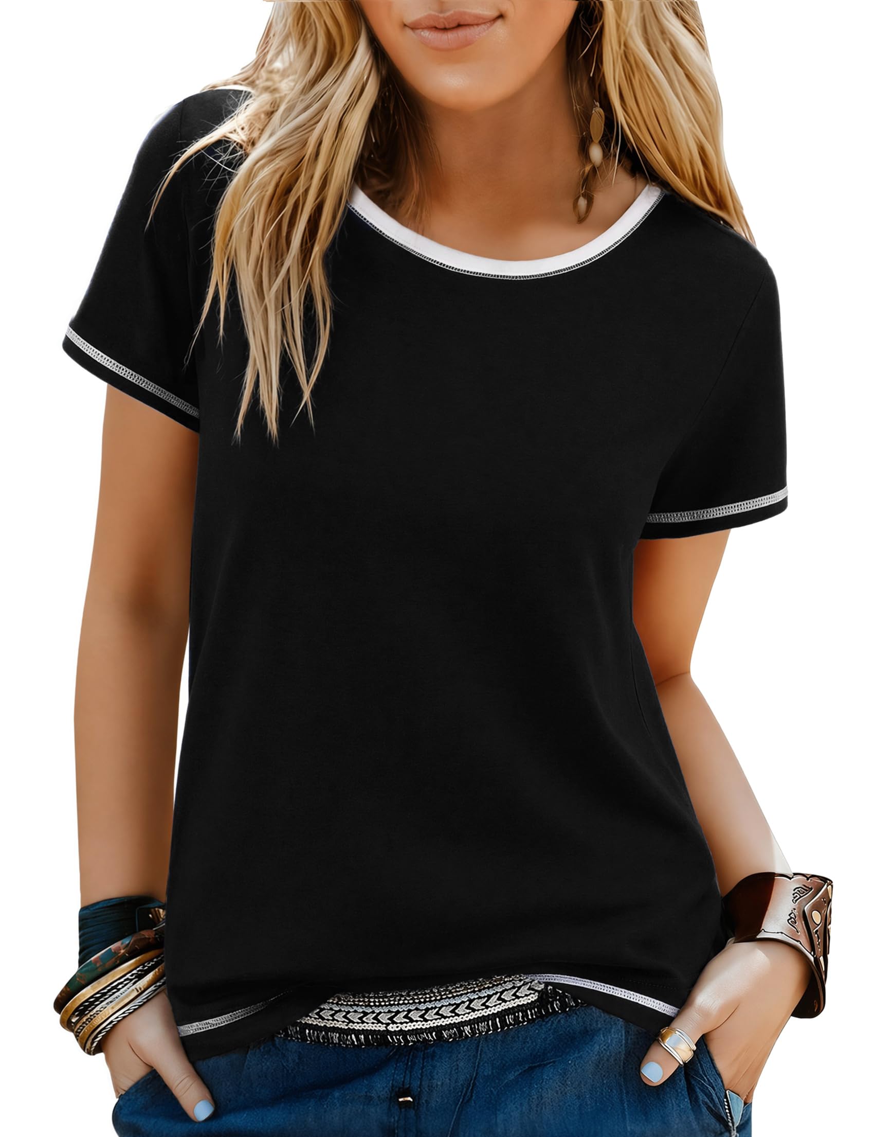 Terecey T Shirt Damen Sommer Rundhals Shirts Kurzarm mit Farbblockierung Basic Einfarbige Top Casual Baumwolle Oberteile Stretch Lockeres Elegant Tee Bluse S-3XL