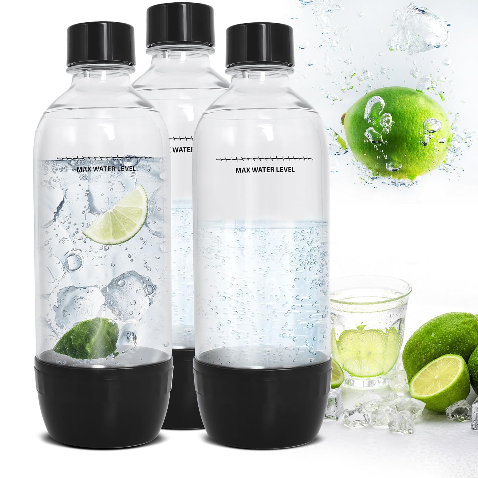 Soda Bouteilles, Lot de 3 Bouteilles de Soda Maker de 1L, Bouteille de Boisson Gazeuse de Rechange en PET Réutilisables, Bouteilles pour Machine à Soda sans BPA