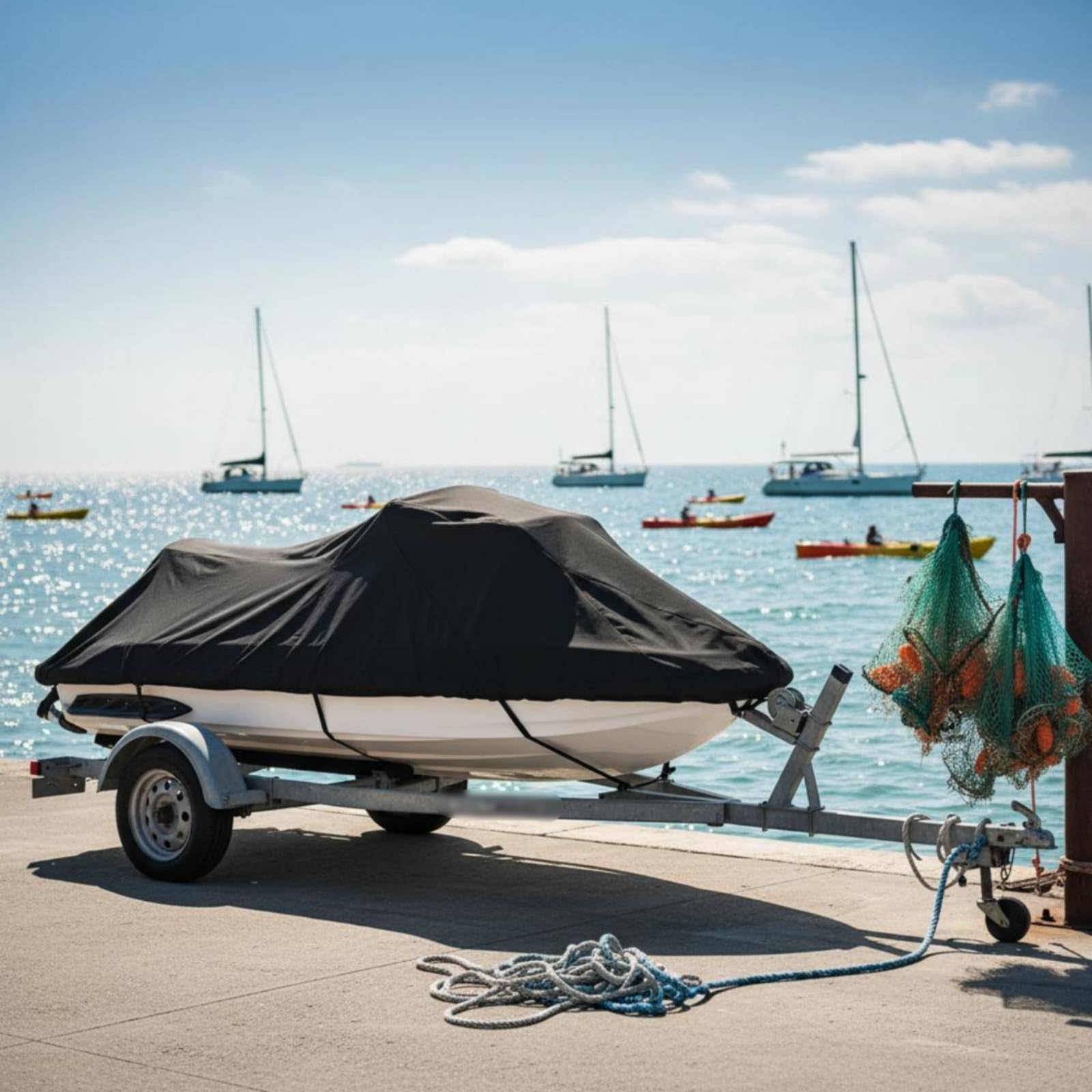 Qianly Bootsabdeckung Wasserdicht Boot Plane Persenning Schutzhülle aus 420D Oxford mit Elastischem Rand Und Gurtbefestigung Eng Anliegend bei Wind Fahrt für, M 106-115"/269-292cm L3.65m×W2.4m