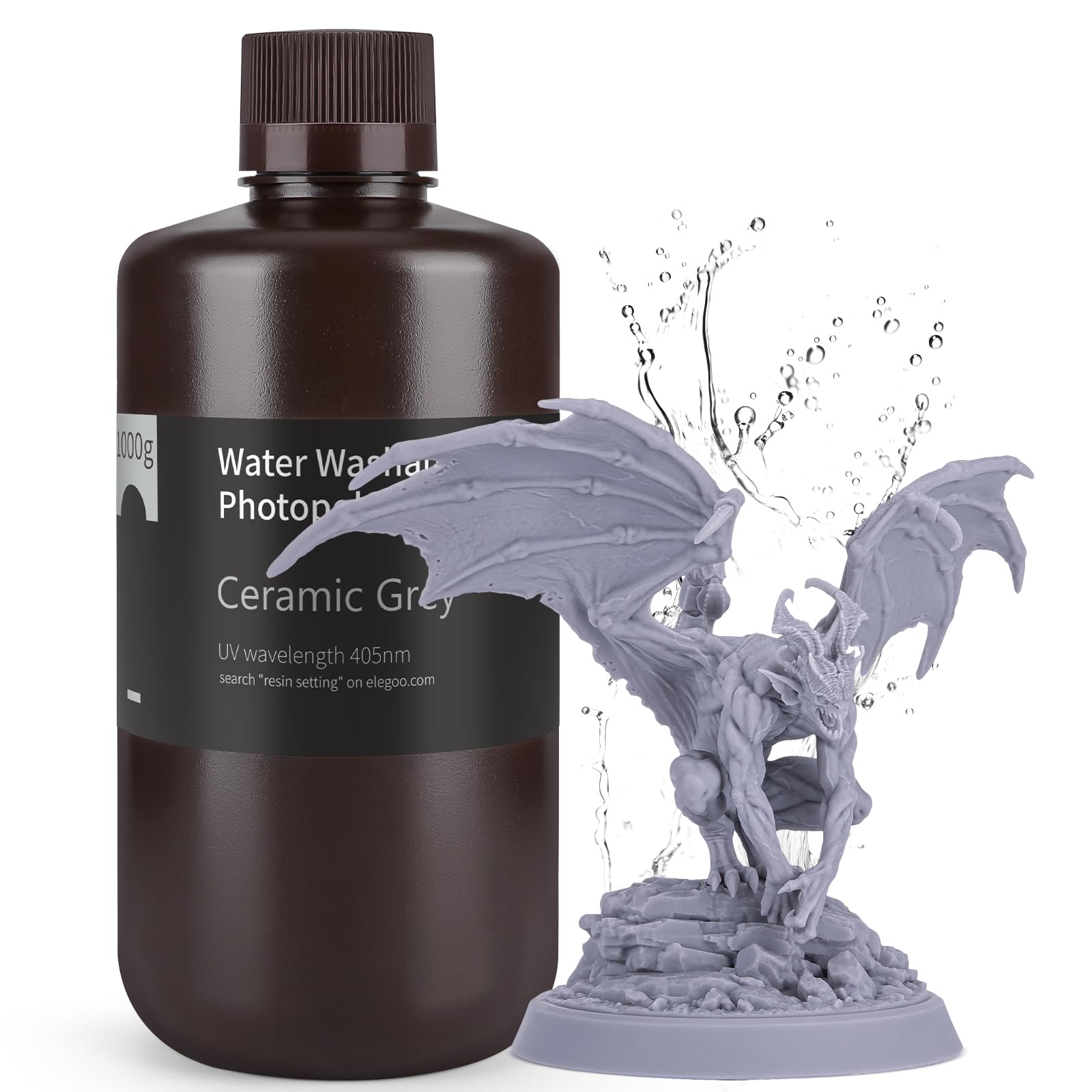 ELEGOO Resina Lavabile in acqua Potenziata 2.0, Resina 3D a 405 nm a Polimerizzazione UV con Basso Restringimento e Maggiore Precisione per Stampante LCD 3D, Grigio Argilla 1000G