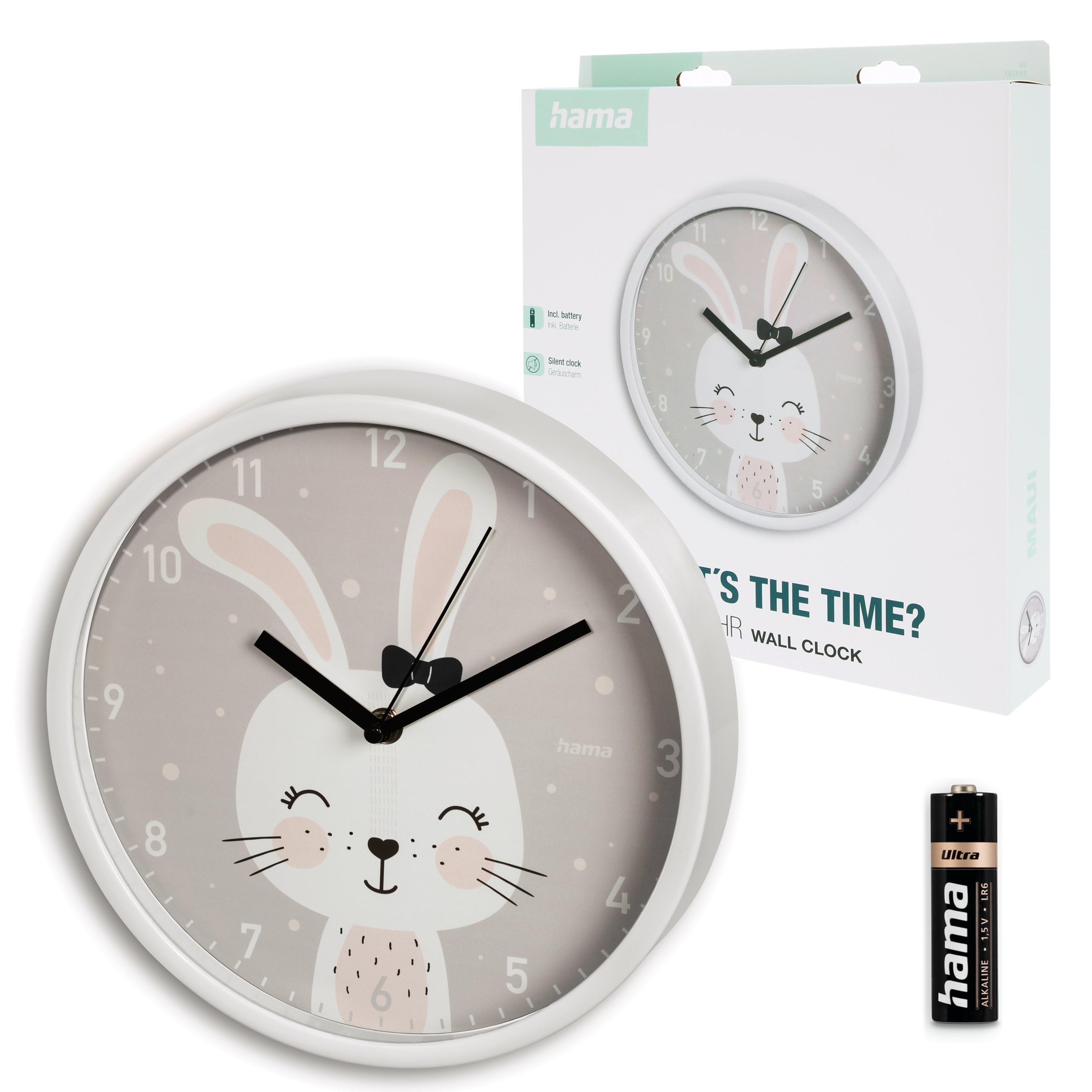 Hama Colourful Kids Wall Clock (Silent, Bunny Design, Analog Quartz Clock, 25Cm, No Ticking Sound, For Children's Room, With Hour, Minute And Second Hands, Battery Included)