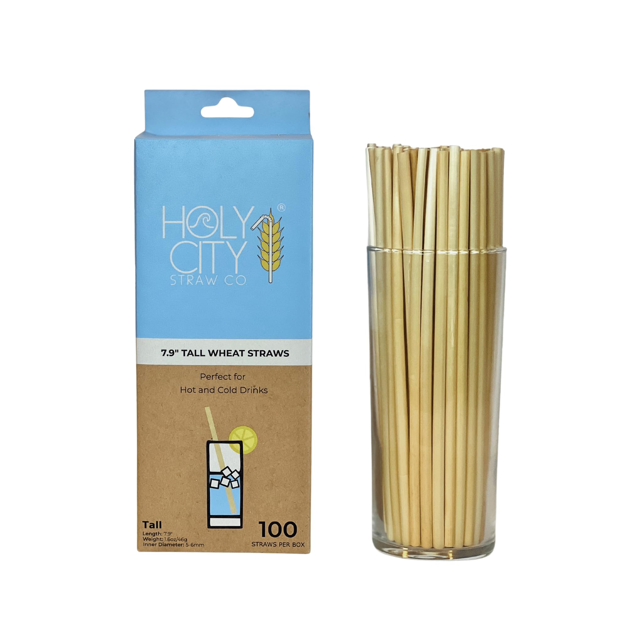 Premium Tall Wheat Stem Straws | 100ct. | 7.75" | 100% Biodegradable, 100% Plant-Based, Never Soggy, Gluten-Free | More Eco-Friendly than Paper, Plastic & Bioplastic Straws