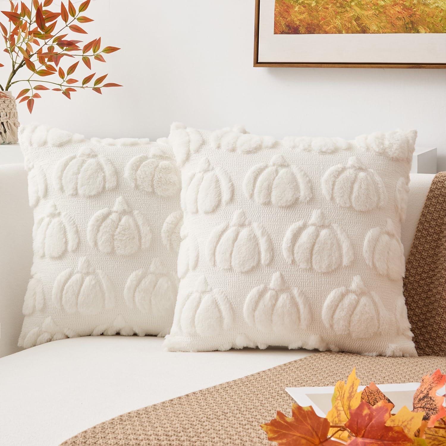 Kevin Textile Cushion Covers 45x45cm, Helloween Decoration Pumpkin Shaped Soft Square 18x18inch Cushion Case for Sofa,Cream