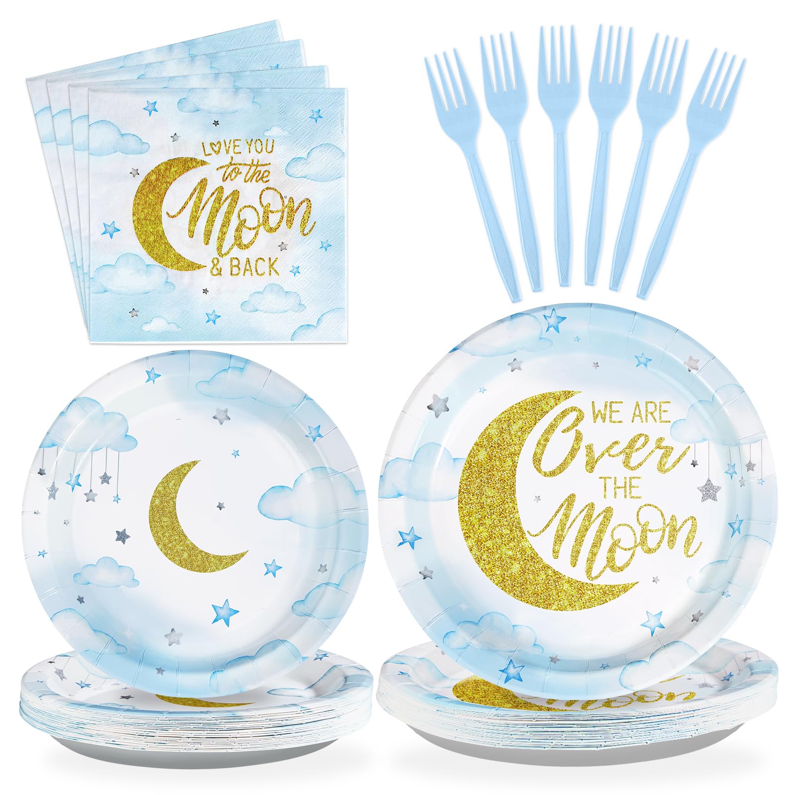 Grencian 96 Pcs Over The Moon Baby Shower Disposable Paper Plates Napkins