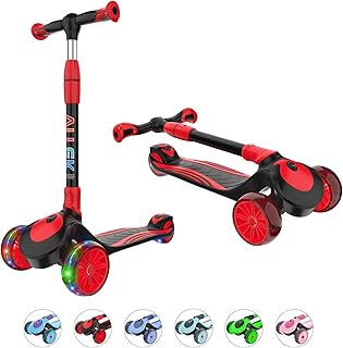 F01 Folding Kick Scooter for Kids, 3-Wheel LED Flashing Glider Push Scooter with Height Adjustable and Foldable Handlebar, Dual Color Anti-Slip Wide Deck for Boys Girls 3-12
