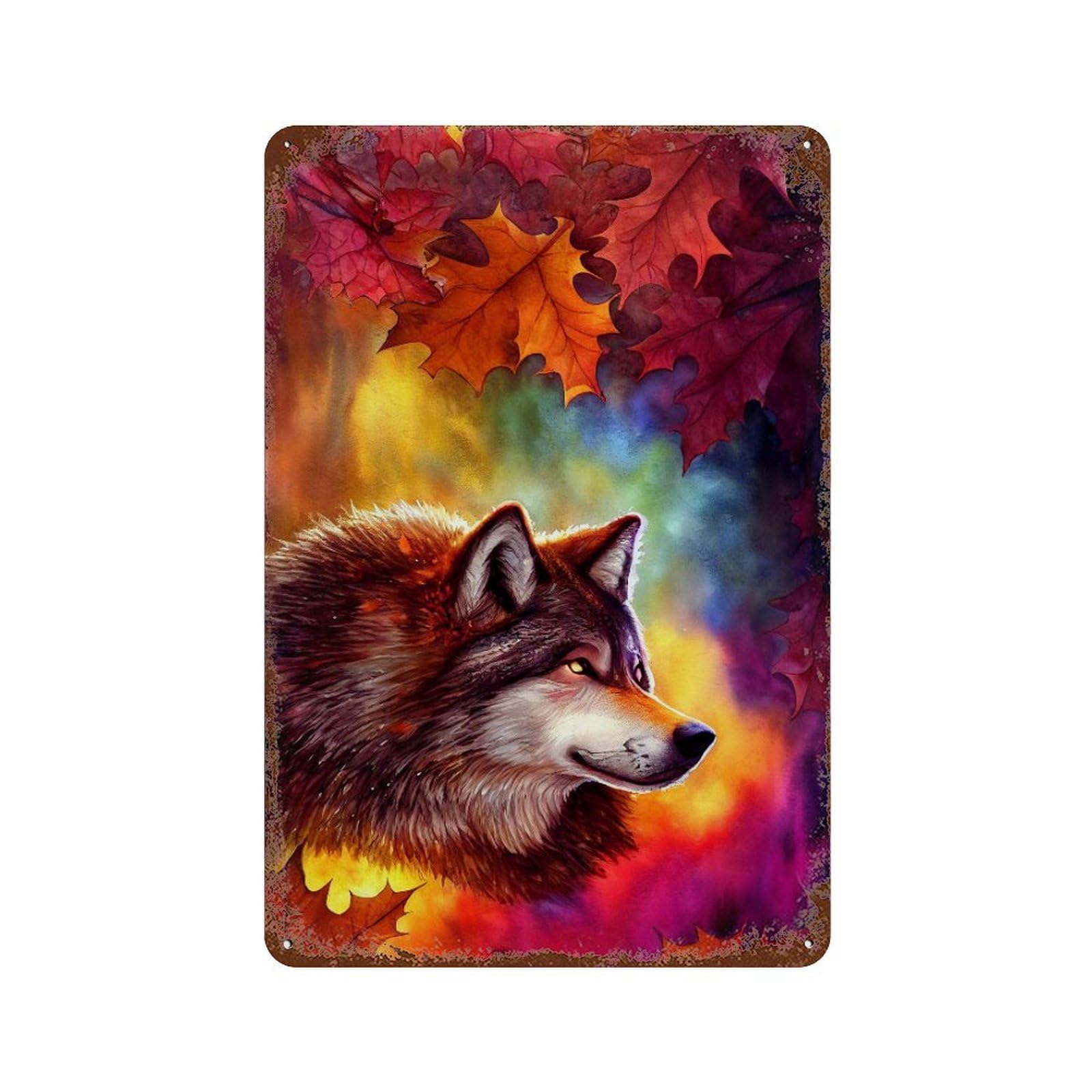 Autumn Wolf Portrait Art Print Rust Effect Tin Sign 11.8"x7.9", Vintage Wall Decor for Pub, Kitchen And Man Cave Decor