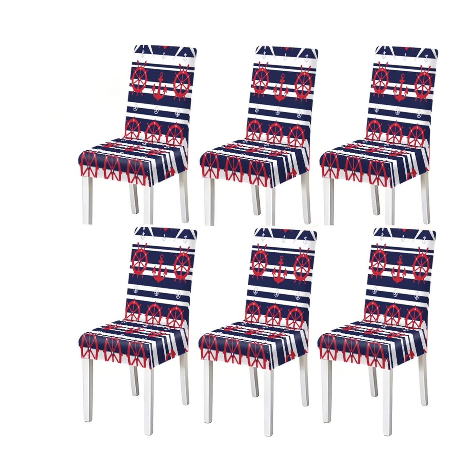 Bosuybn One Color Nautical Anchor Ship Wheel Stripe Pattern Print Dining Chair Covers Set Of 2/4/6, Stretch Slipcovers For Kitchen Dining Room Furniture Protectors For Home Dining Room(6Pcschair Cover)