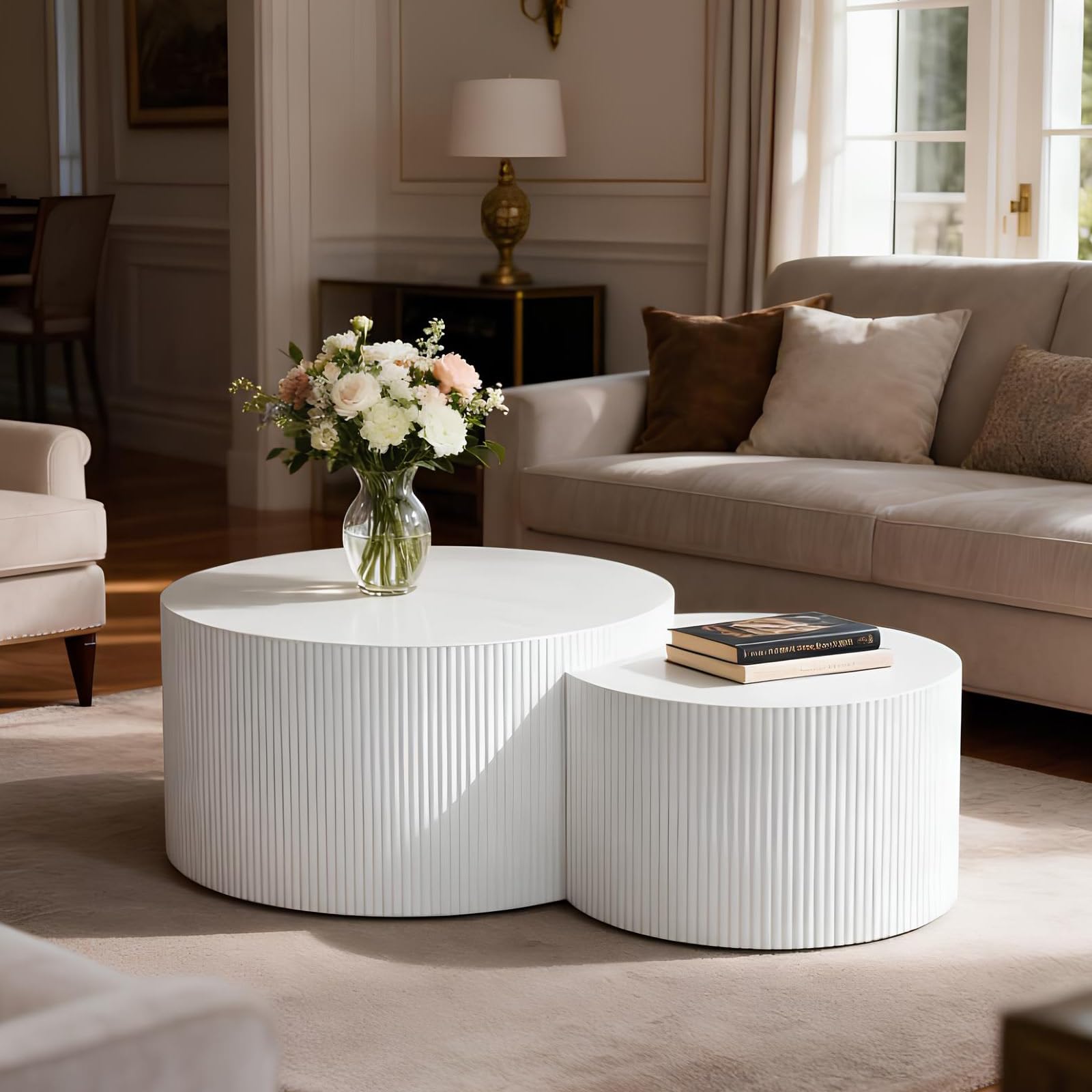 White Nesting Coffee Tables Round Coffee Table Set of 2 Modern Wooden Nesting Tables Circle Drum Side Table for Living Room Small Spaces Bedroom Balcony, No Assembly, Ø27.56''+Ø19.69'' (White)