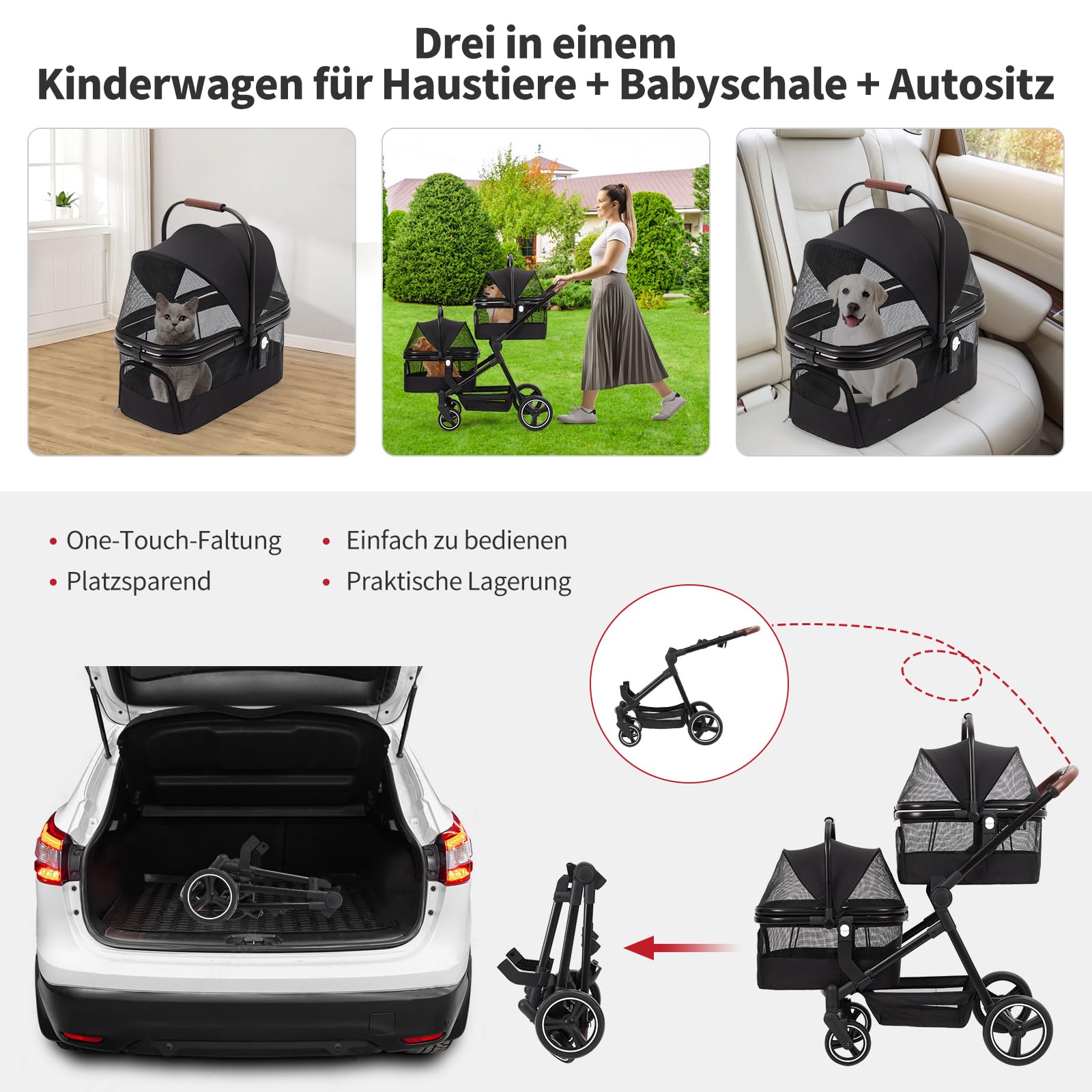 Carrito doble para mascotas 2 en 1, 3 en 1, con bolsa de transporte y asiento de coche, cochecito plegable para mascotas con capacidad de 50 LBS y amortiguador de golpes para perros y gatos