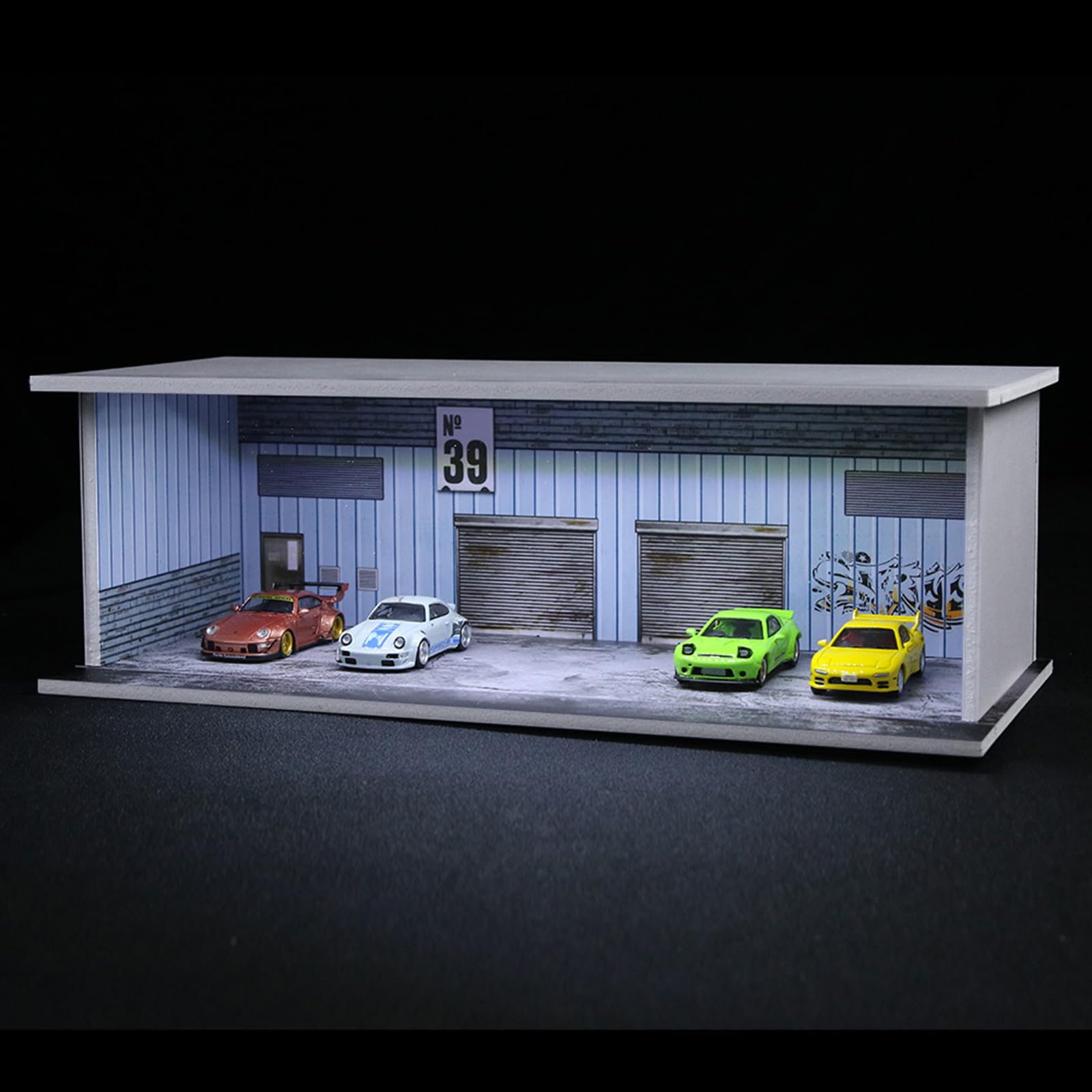 Vitrine modèle de voiture 1:64 avec éclairage LED et protection contre la poussière – PVC Diorama Parkgarage, Warehouse n° 39 Design – Empilable et connectable, rangement pour Hot Wheels, Matchbox