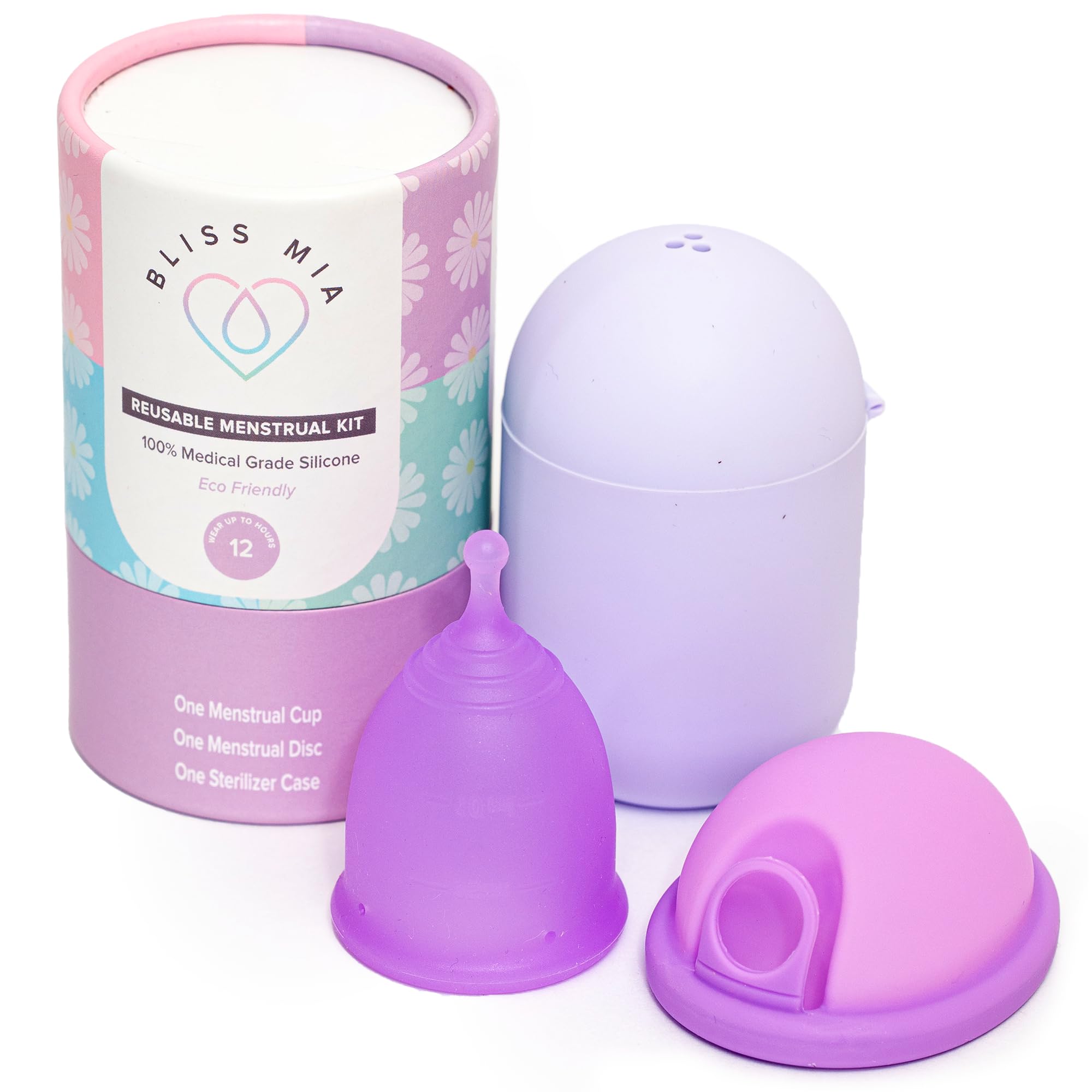 Reusable Menstrual Cup & Disc Kit with Microwave Sterilizer Case | Medical Grade Silicone Tampon and Pad Alternative | Small & Large Sizes for Light to Super Heavy Flow