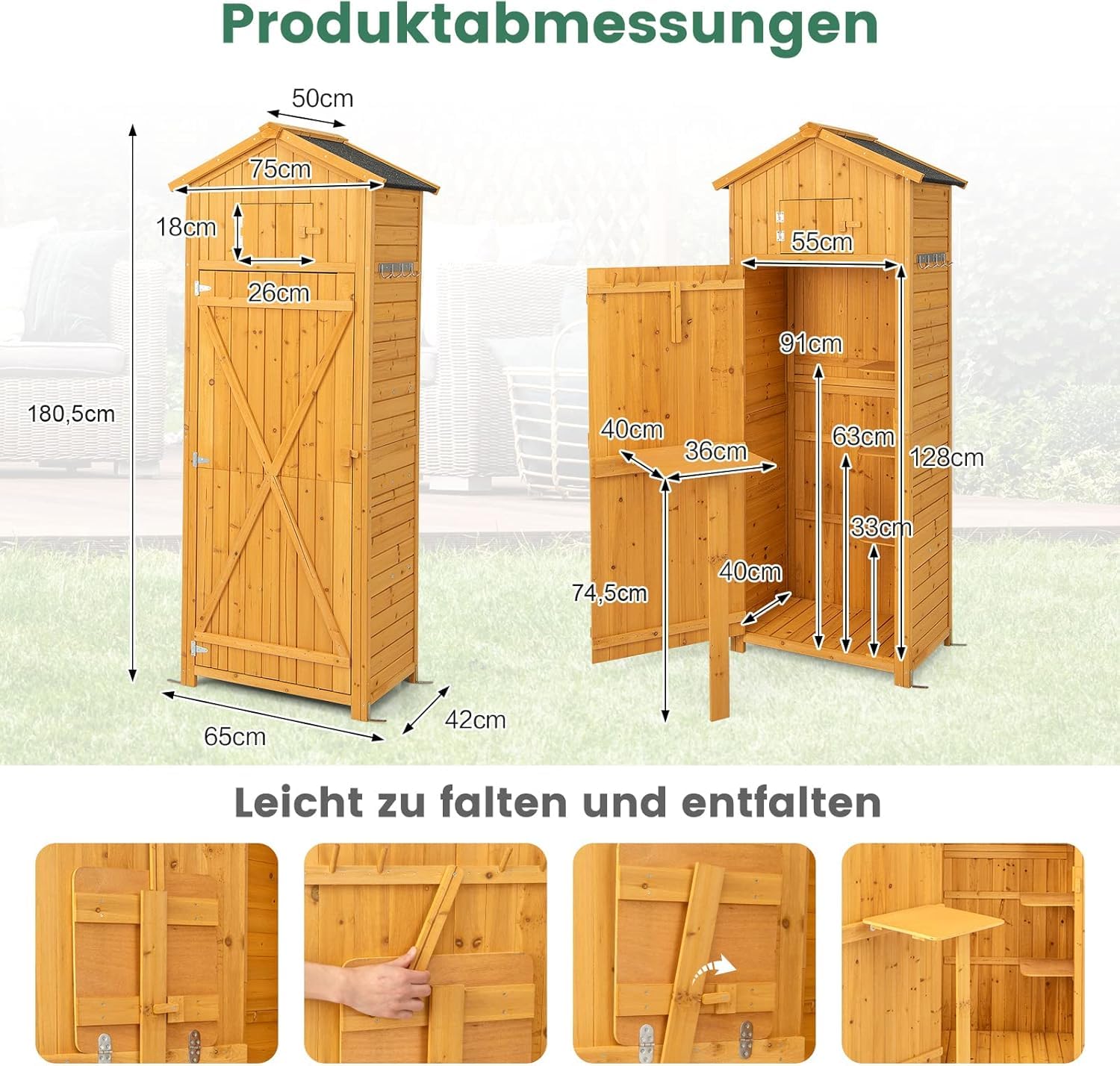 FANTASK Armadio da giardino in legno con tavolo e porta pieghevoli, resistente alle intemperie, capanno degli attrezzi con 8 ganci, capannone in legno con tetto a capanna per attrezzi da giardino