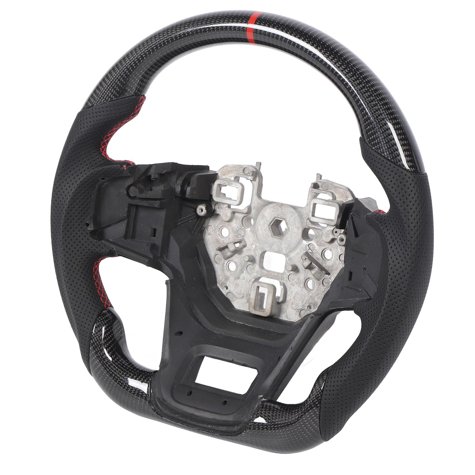 Generic Volante da in Fibra di Carbonio con Fondo Piatto e Pelle Traforata Nera per Auto Sportive Indice Rosso Ore 12