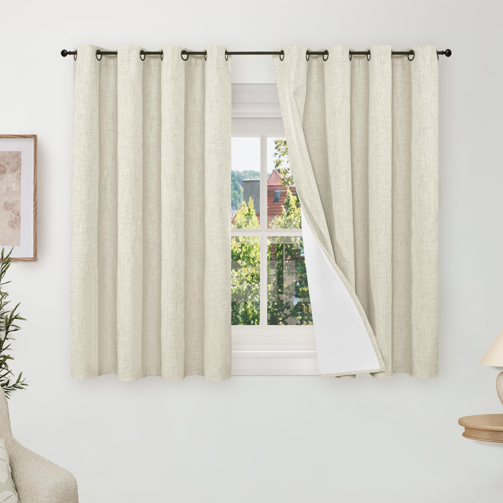 Lajode Short Blackout Curtains 45 Inch Length 2 Panels, Thermal Insulated Total Light Blocking Linen Window Curtains for Farmhouse Bedroom Basement, Bronze Grommet, Natural, Each 52" Wide — image 1