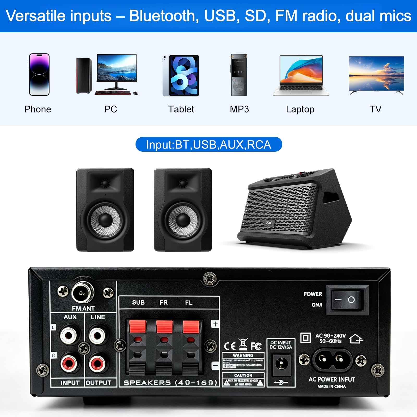 Audio Amplificateur stéréo HiFi 50WX2 Amplificateur Bluetooth 5.3 | écran LCD, alimentation 12 V/220 V - Compatible USB/SD/FM/RCA - Pour la maison, la voiture et le karaoké - Avec tél