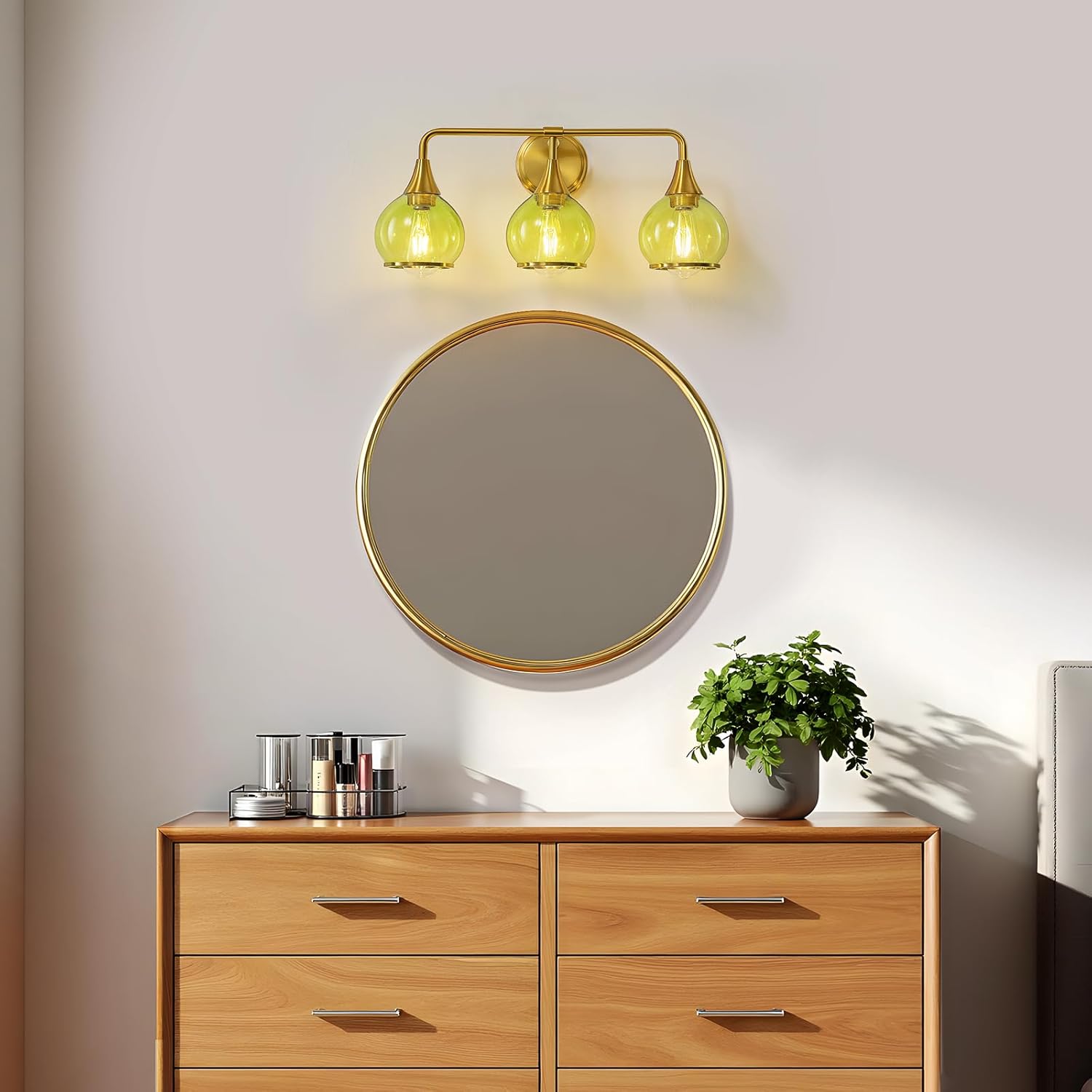 Brushed Gold Bathroom Vanity Light 3-Lights Bathroom Light Fixtures Over Mirror with Green Clear Glass Shade 22.4 inch Wall Sconce Lighting Bath(Exclude E26 Bulb)